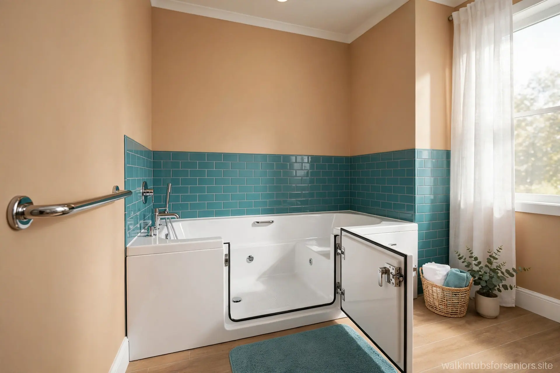 White walk-in bathtub with its side entry door open in a senior-friendly bathroom