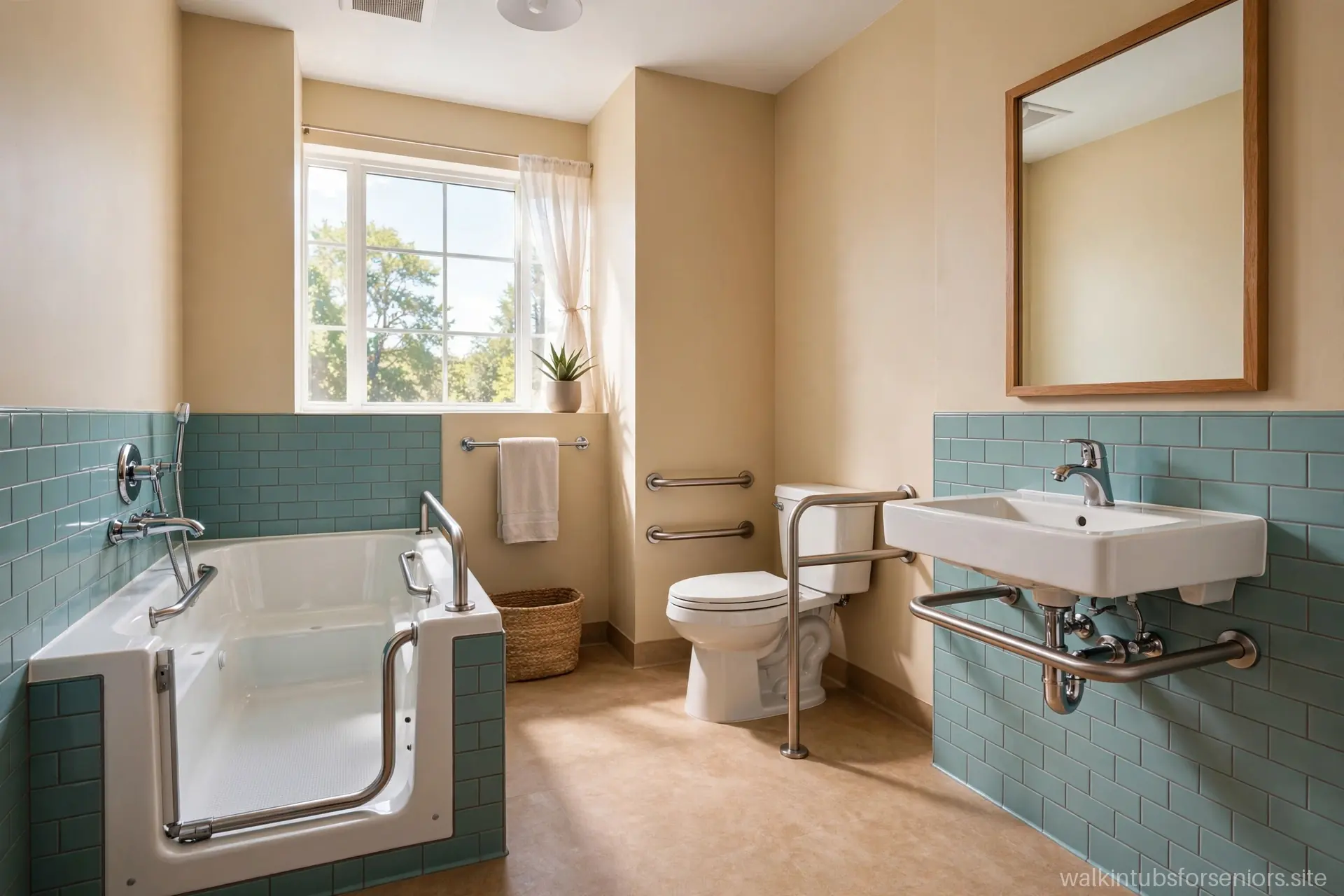 Wide view of a senior-friendly bathroom with walk-in tub, comfort-height toilet, and wall-mounted sink