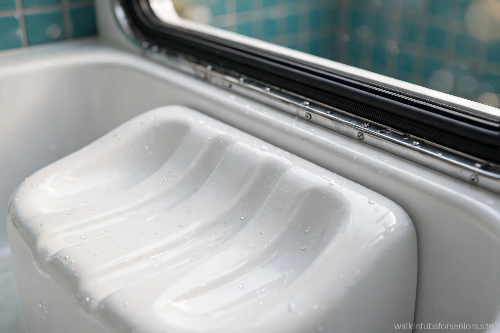 Close-up of a walk-in tub's built-in contoured seat and watertight door seal