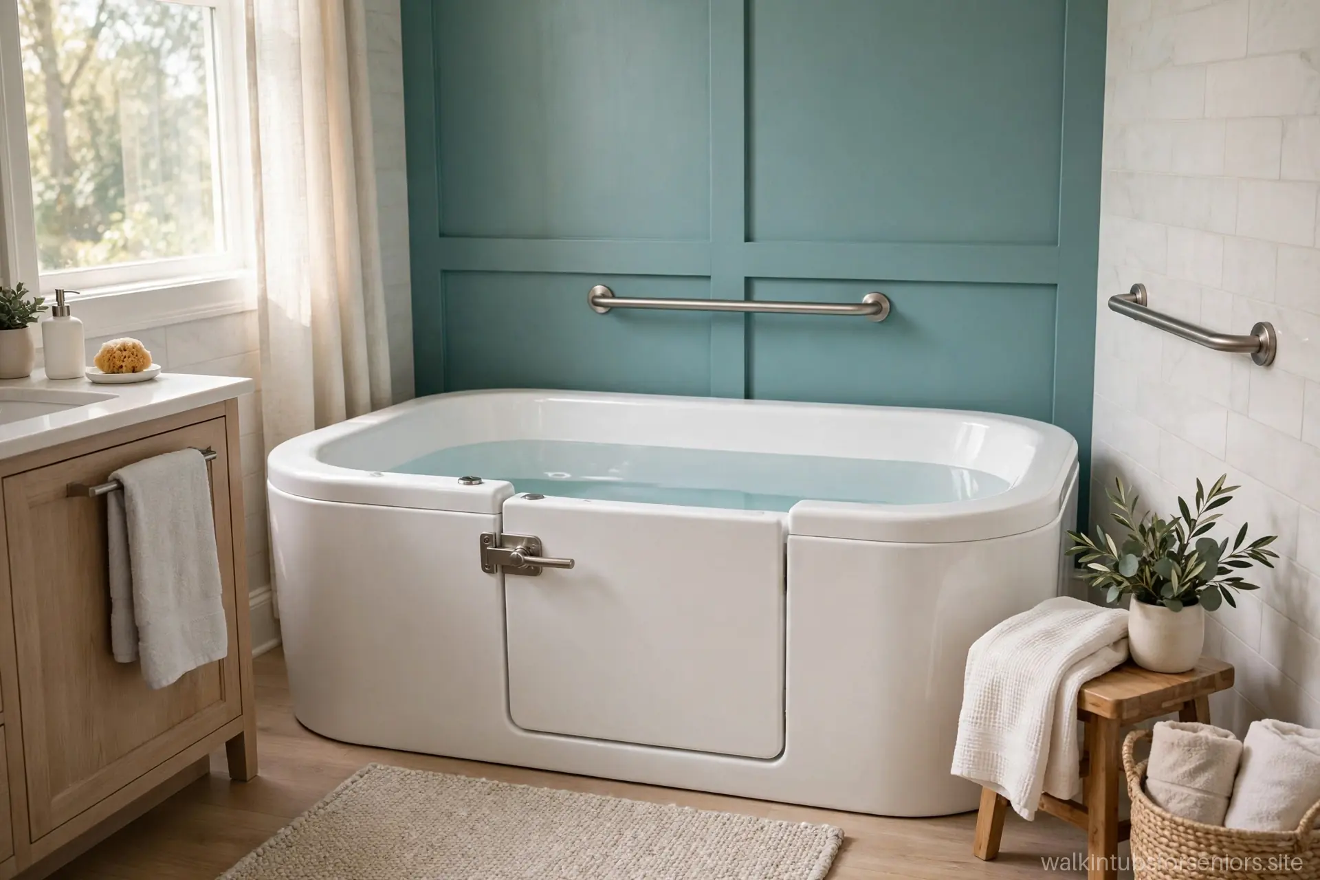 Walk-in soaker tub filled with calm, still water