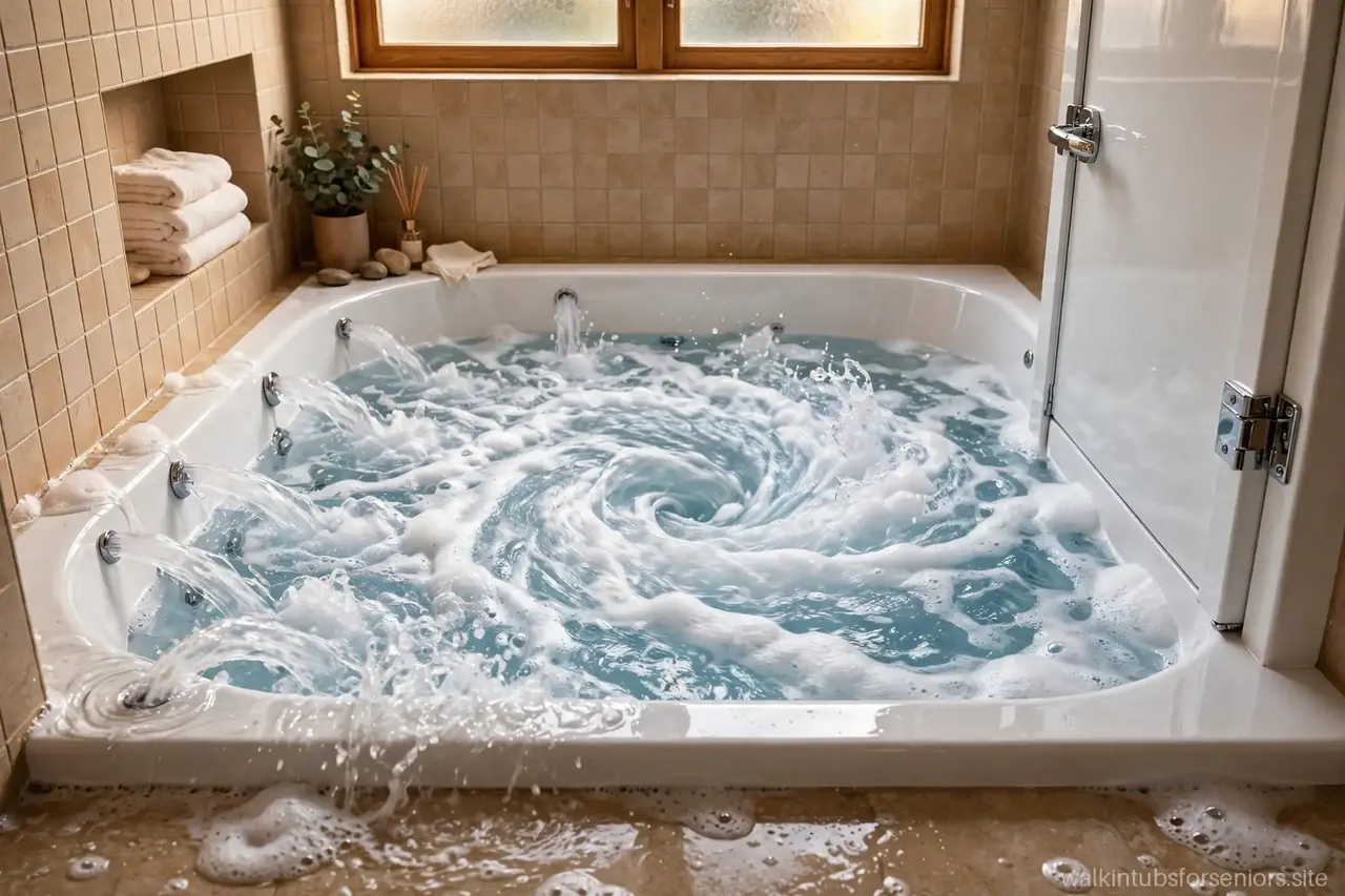 Whirlpool walk-in tub with jets creating swirling bubbles