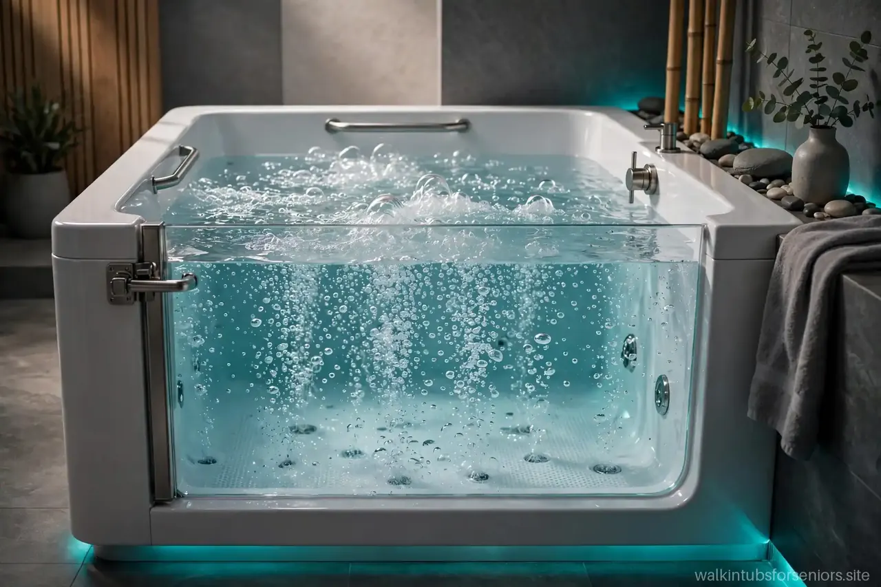Air bath walk-in tub with fine champagne-like bubbles rising through the water