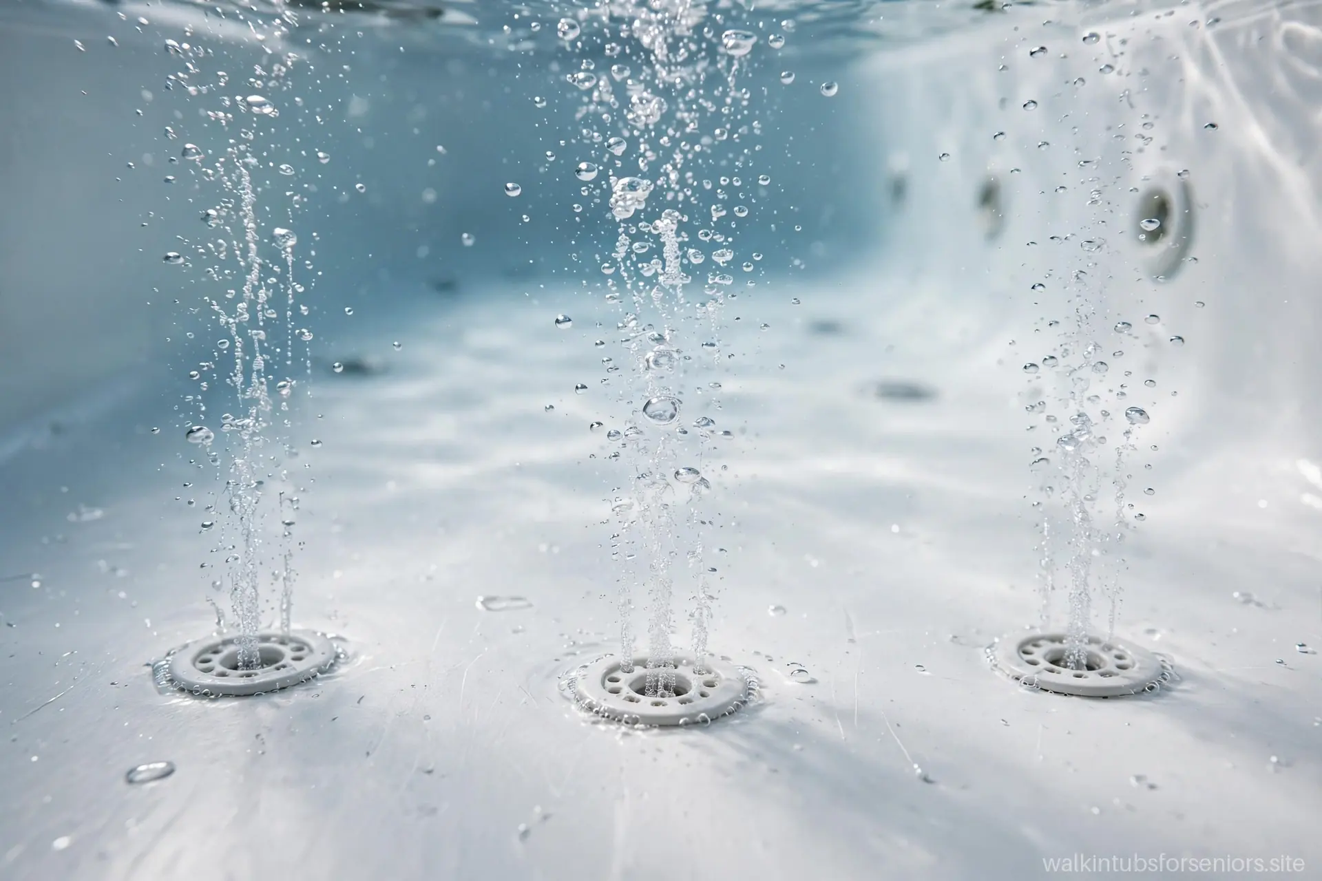 Macro view of air jet ports releasing fine bubbles along a walk-in tub floor