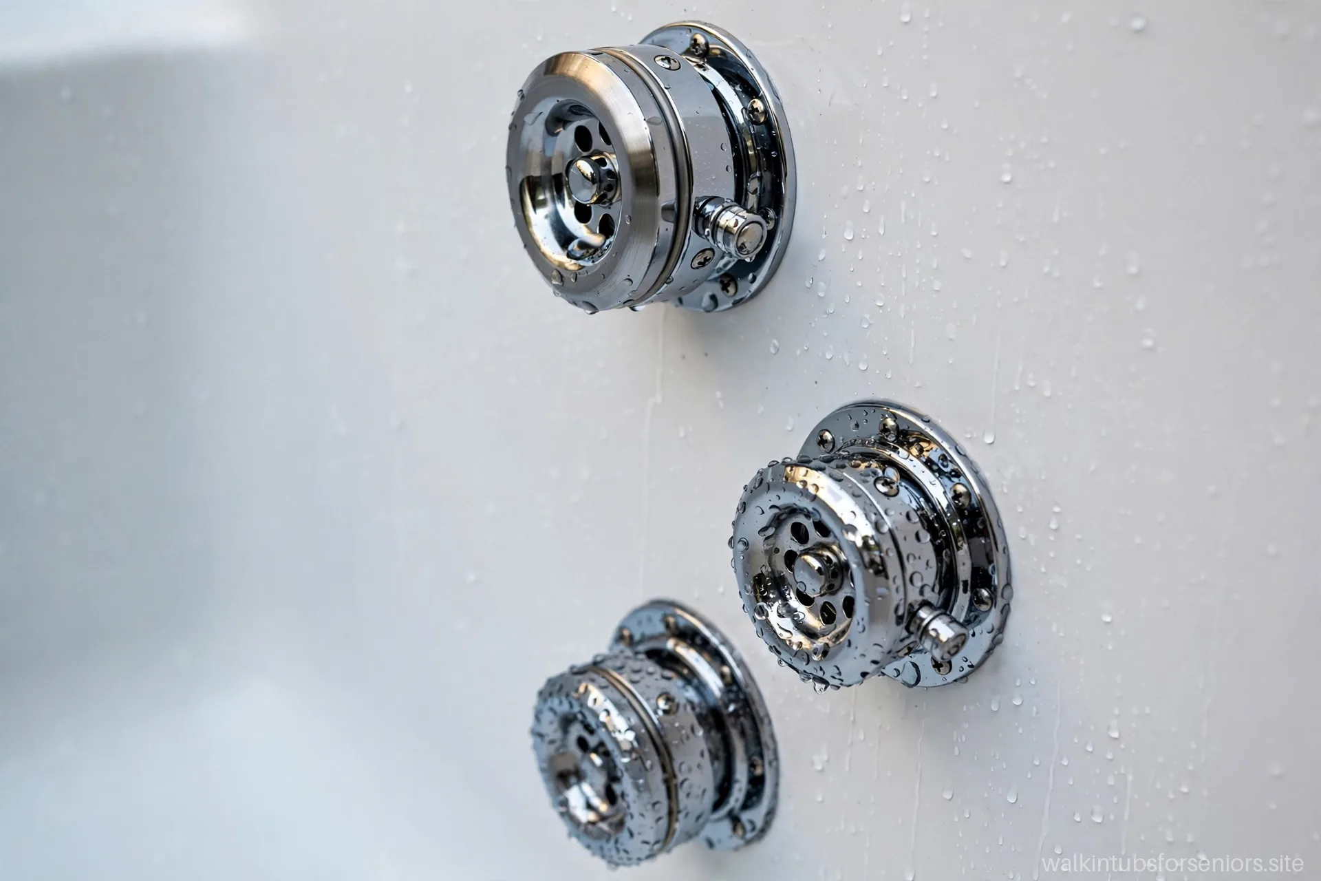Close-up of adjustable chrome whirlpool jets on a walk-in tub wall