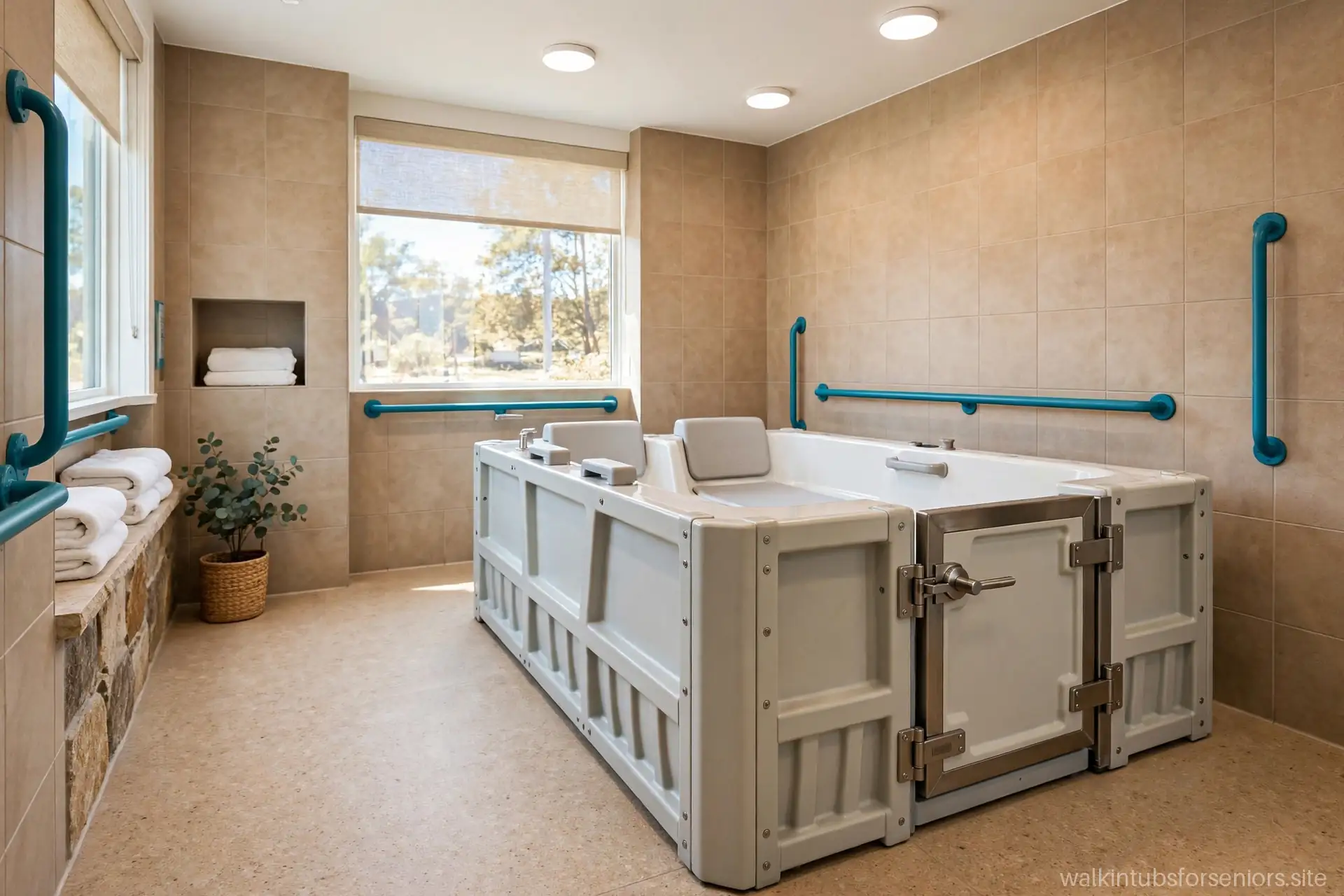 Extra-wide bariatric walk-in bathtub in a spacious accessible bathroom