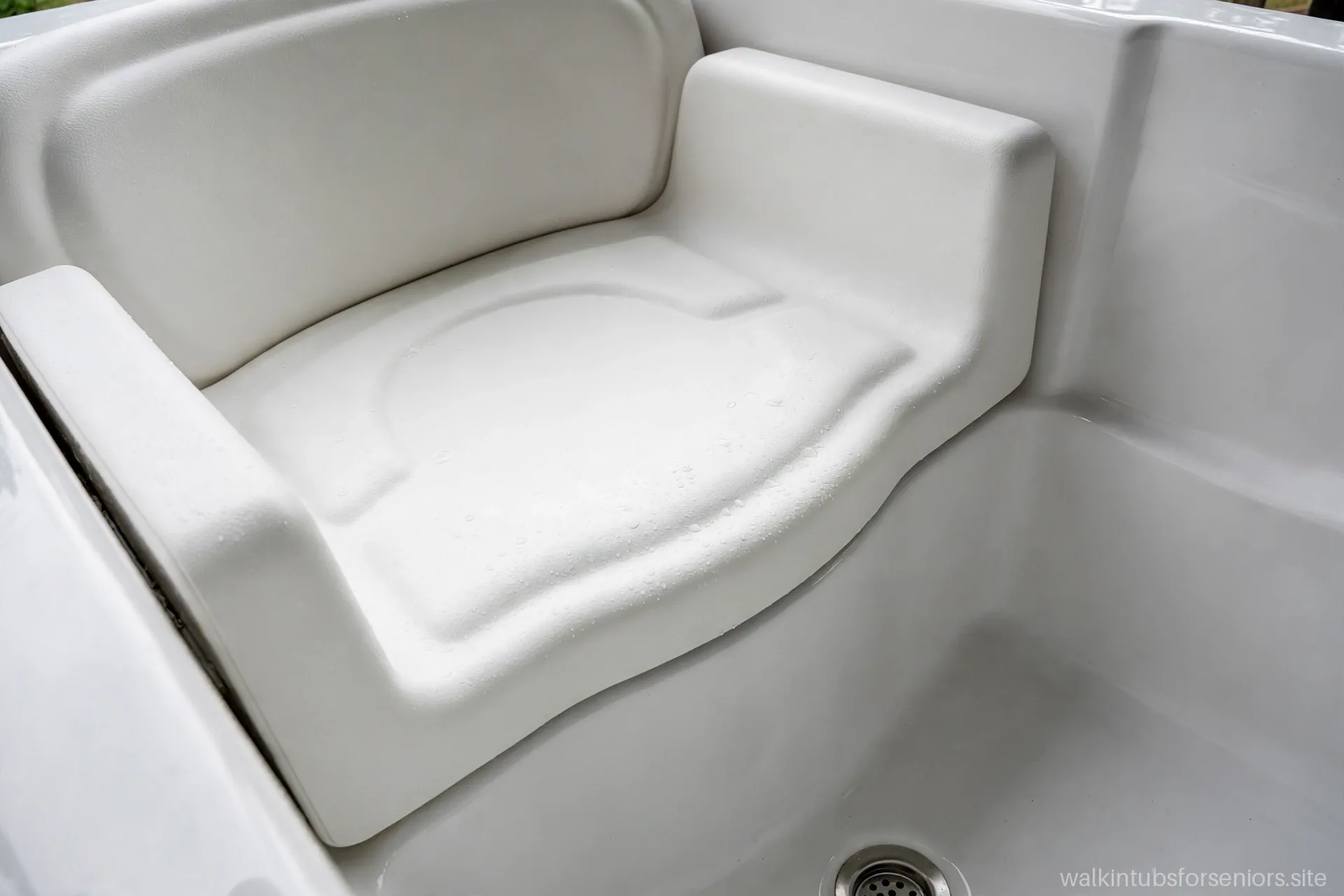 Close-up of the wide reinforced seat inside a bariatric walk-in tub