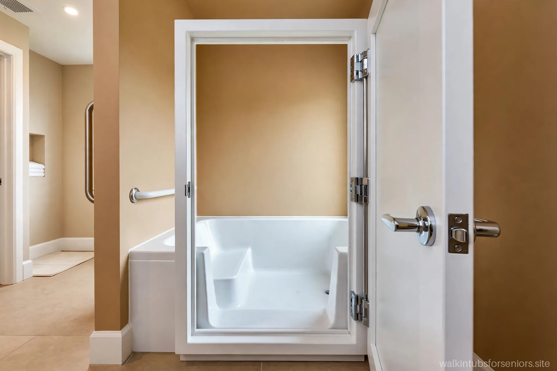 Wide outward-opening door on a bariatric walk-in bathtub