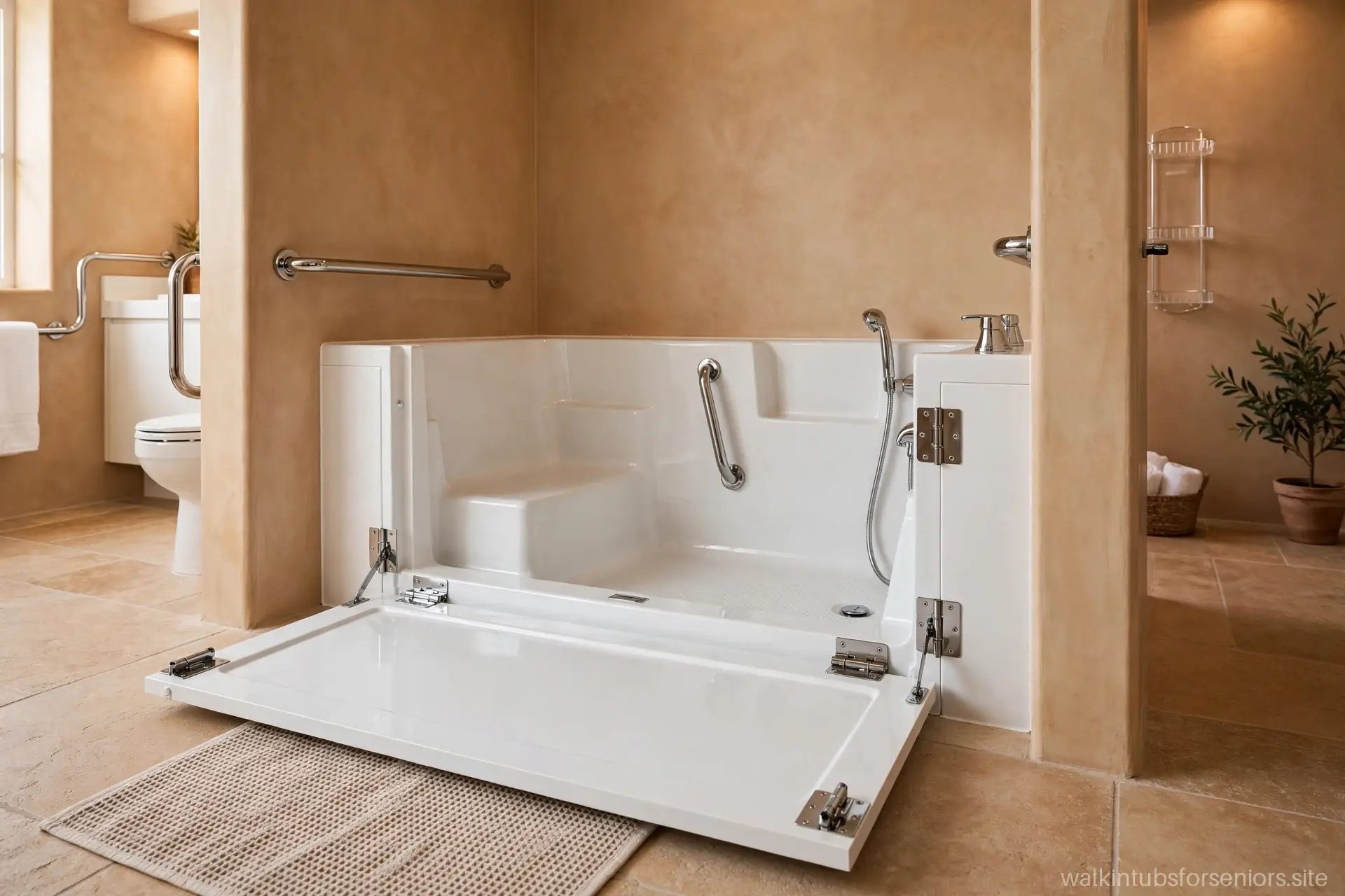 Walk-in tub with outward-swinging door opened toward the bathroom floor