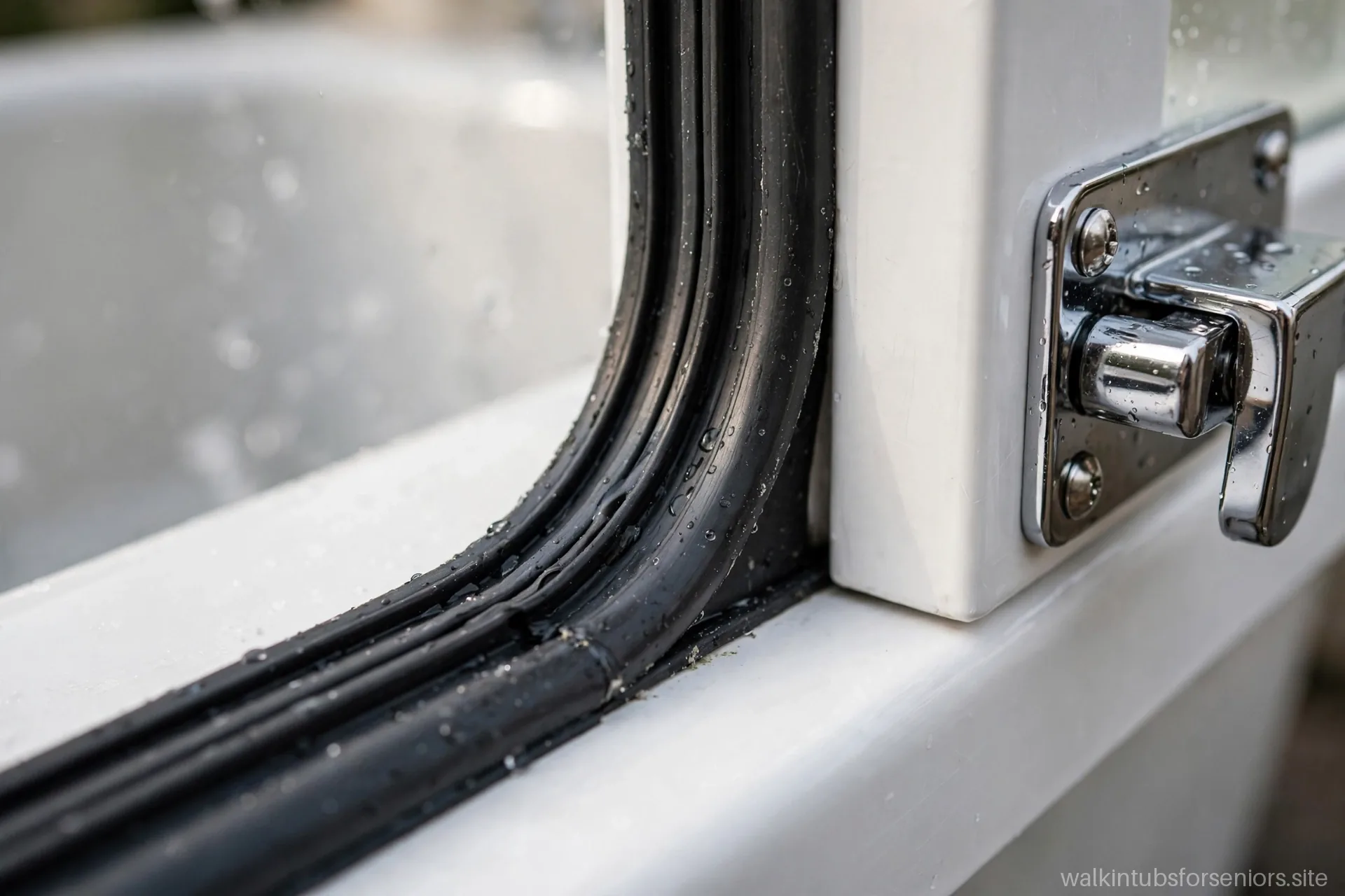 Close-up of a walk-in tub door gasket and watertight seal