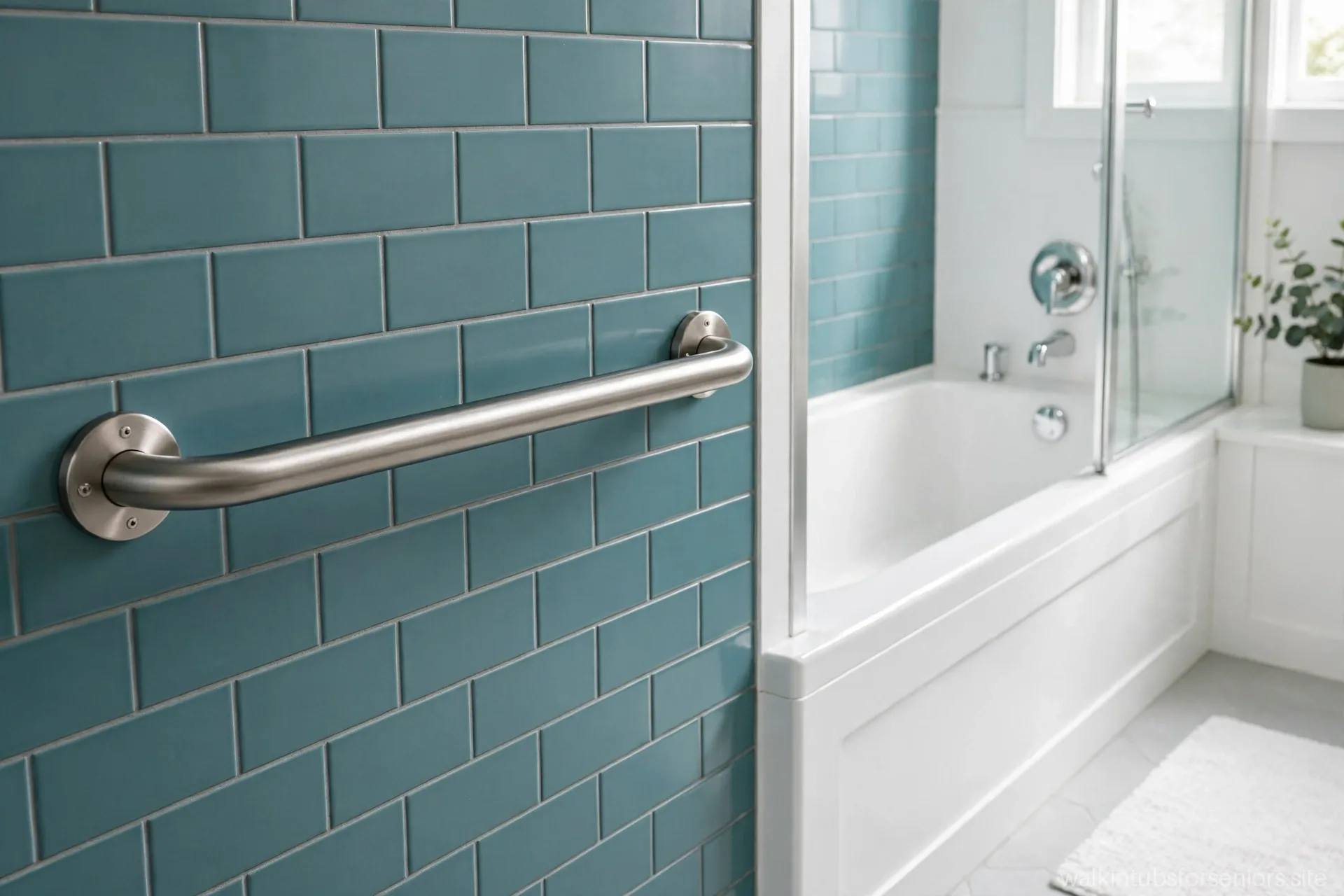 Stainless steel grab bar mounted beside a walk-in bathtub