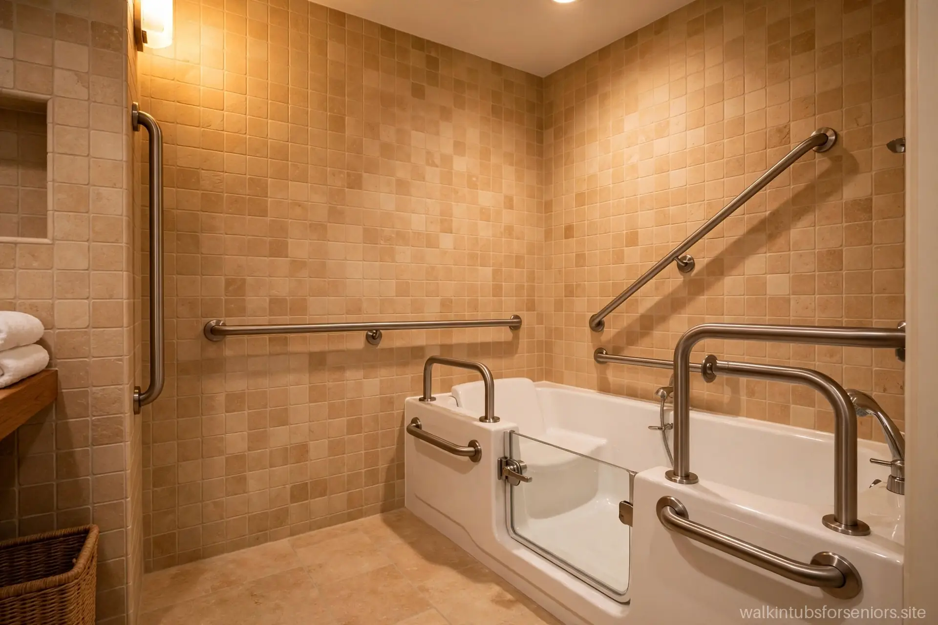 Multiple grab bars installed around a walk-in tub at different heights