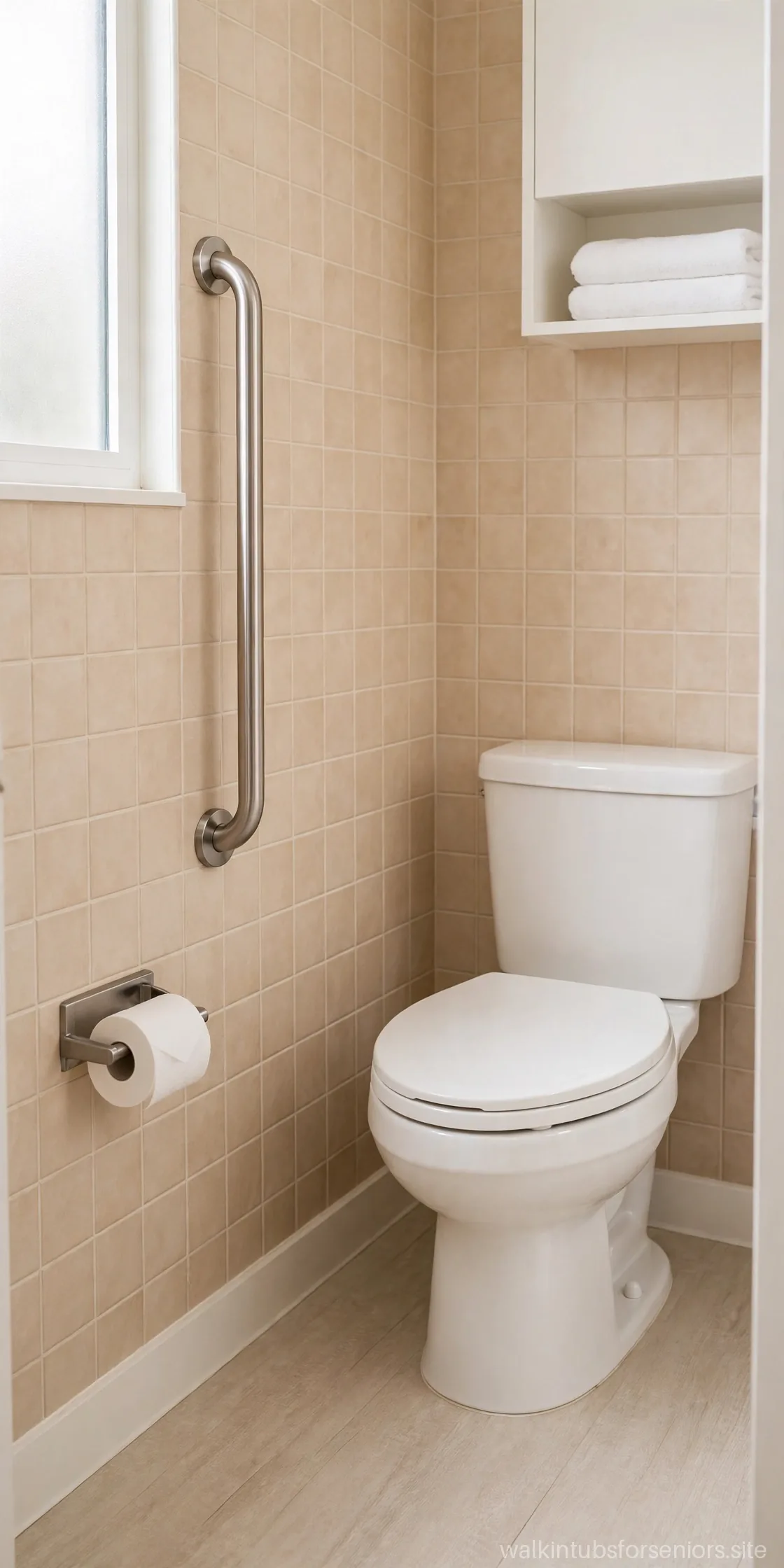 Vertical grab bar beside a comfort-height toilet