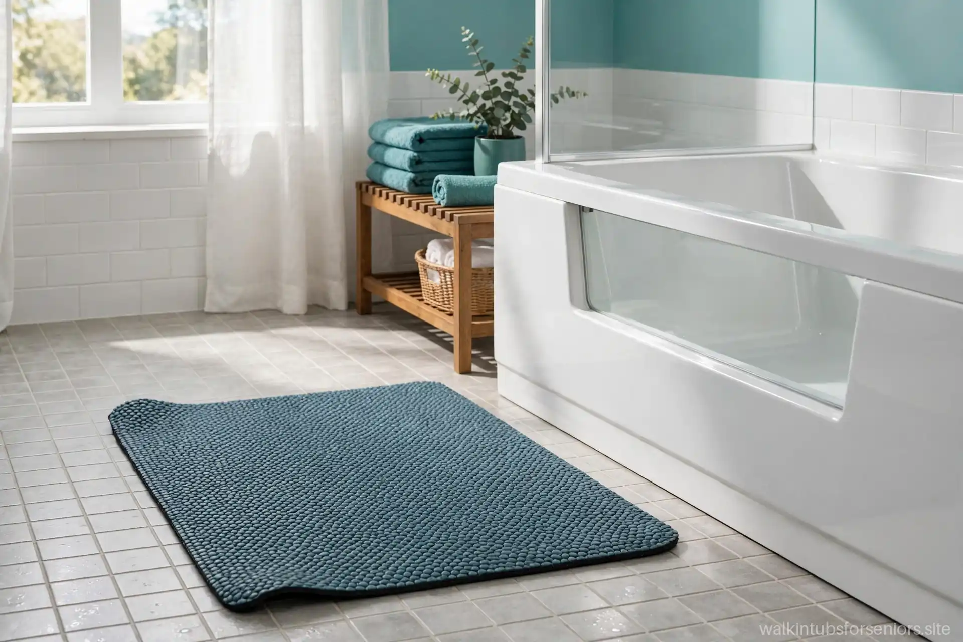 Rubber-backed non-slip bath mat beside a walk-in tub