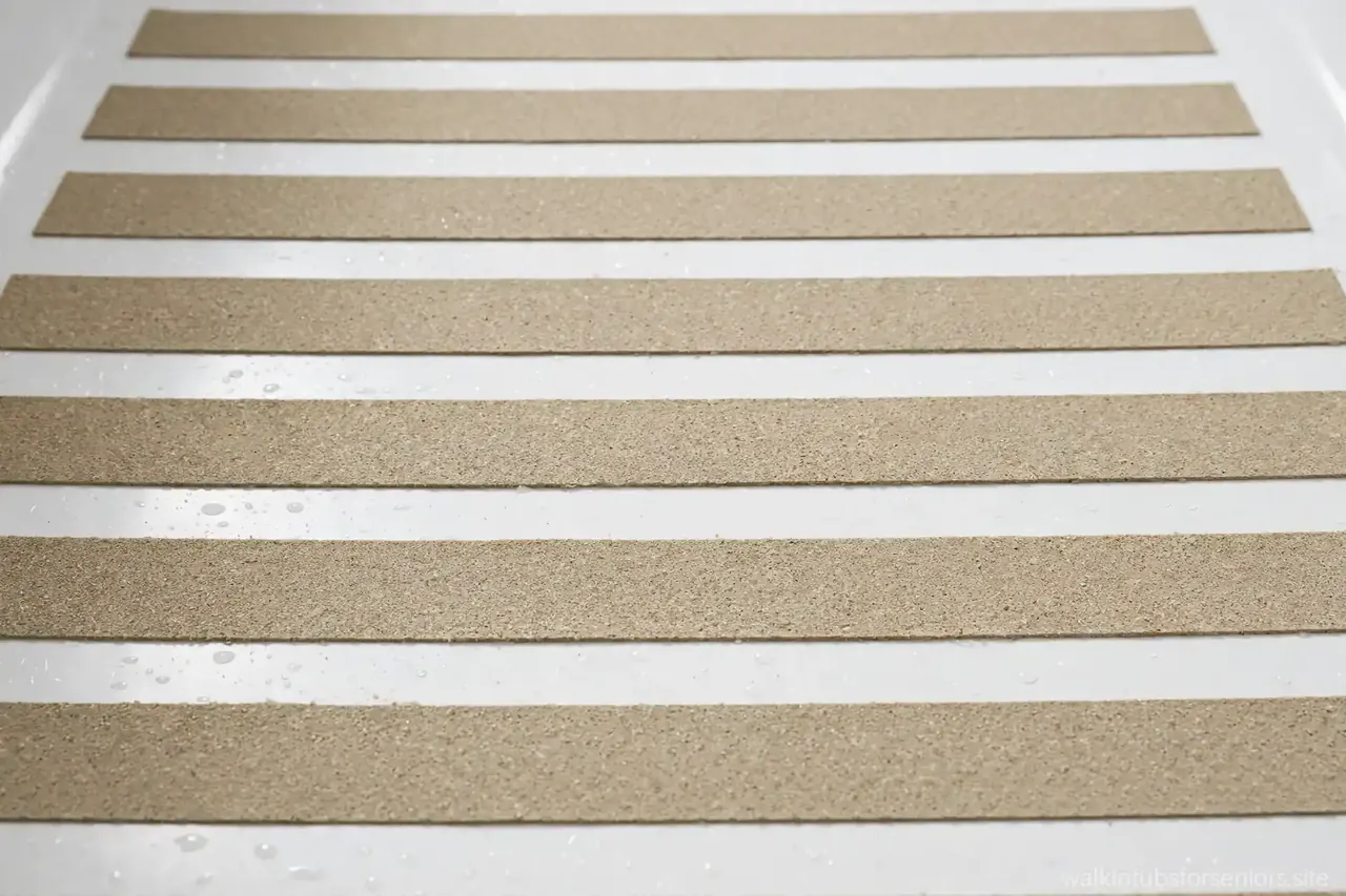 Adhesive non-slip tread strips applied to a bathtub floor