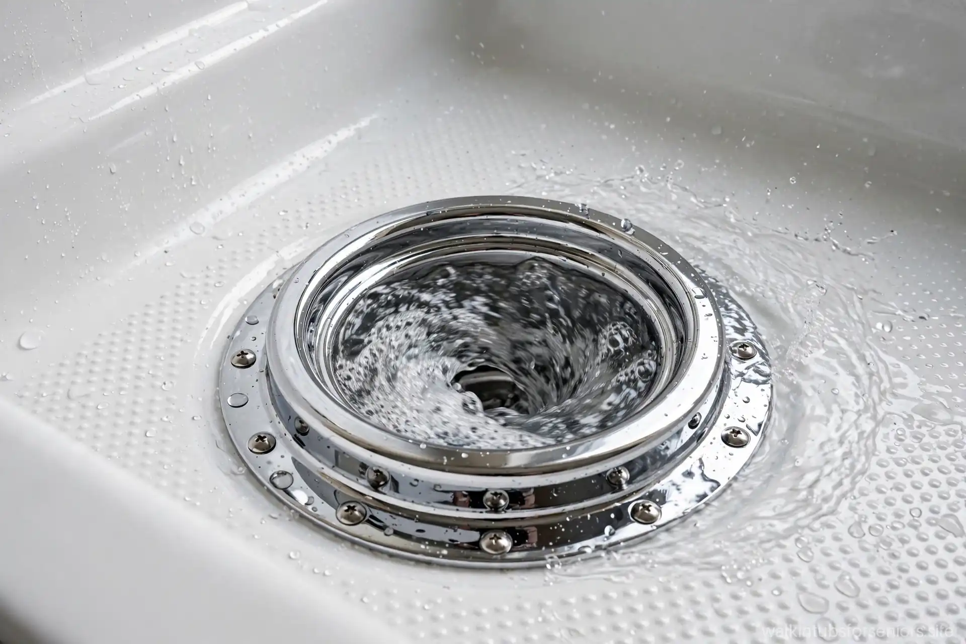 Close-up of a large fast-drain assembly in a walk-in tub