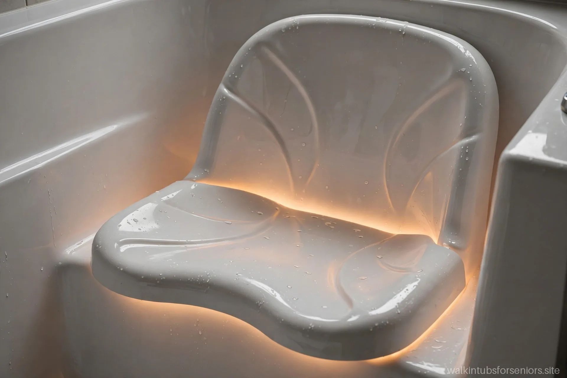 Heated contoured seat and backrest inside a walk-in tub