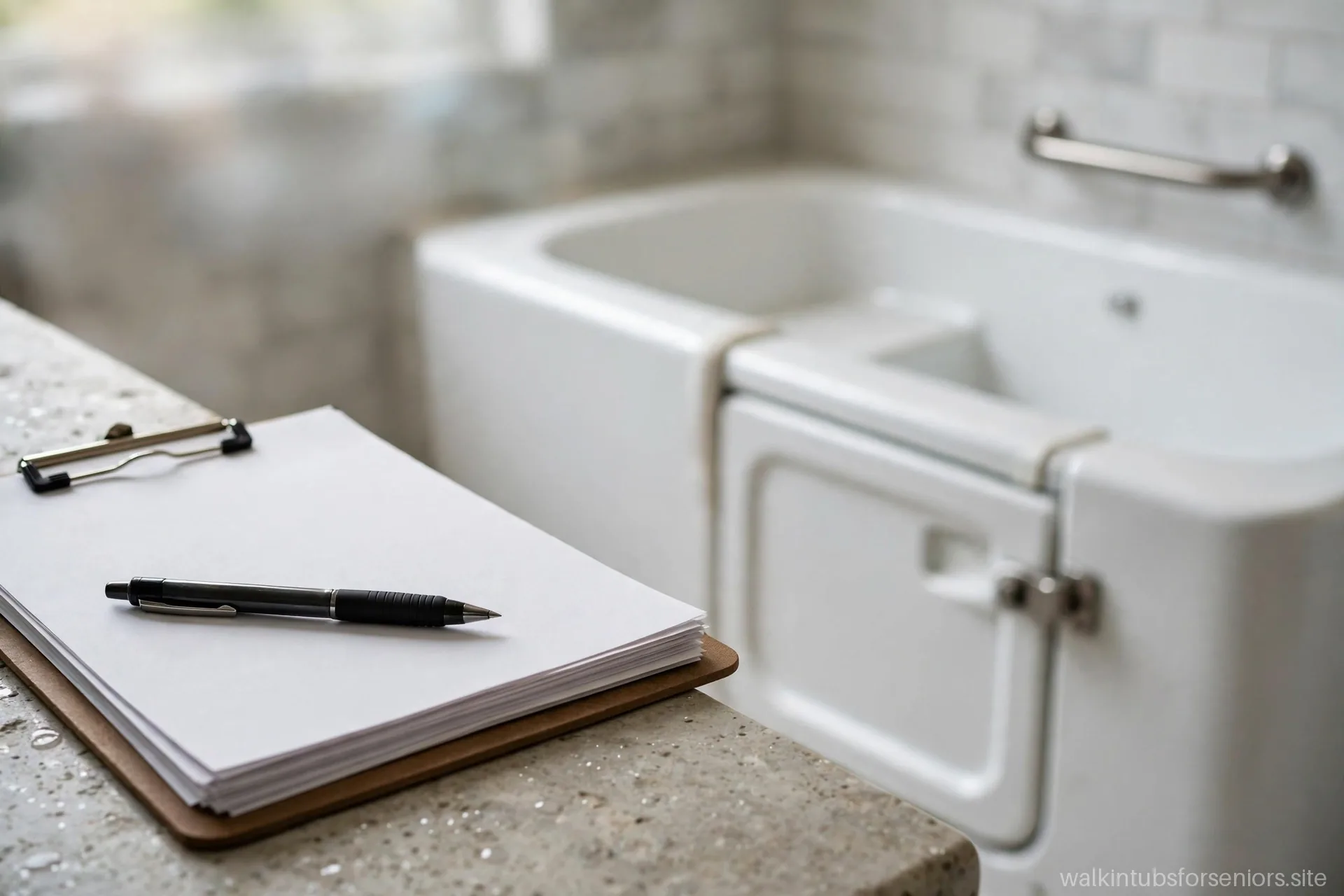 Contractor's written quote and pen on a bathroom countertop