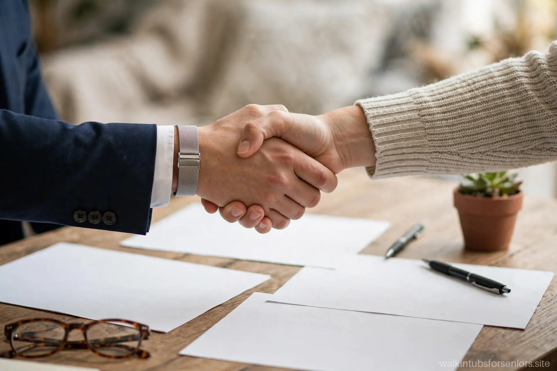 Two people shaking hands over financing paperwork