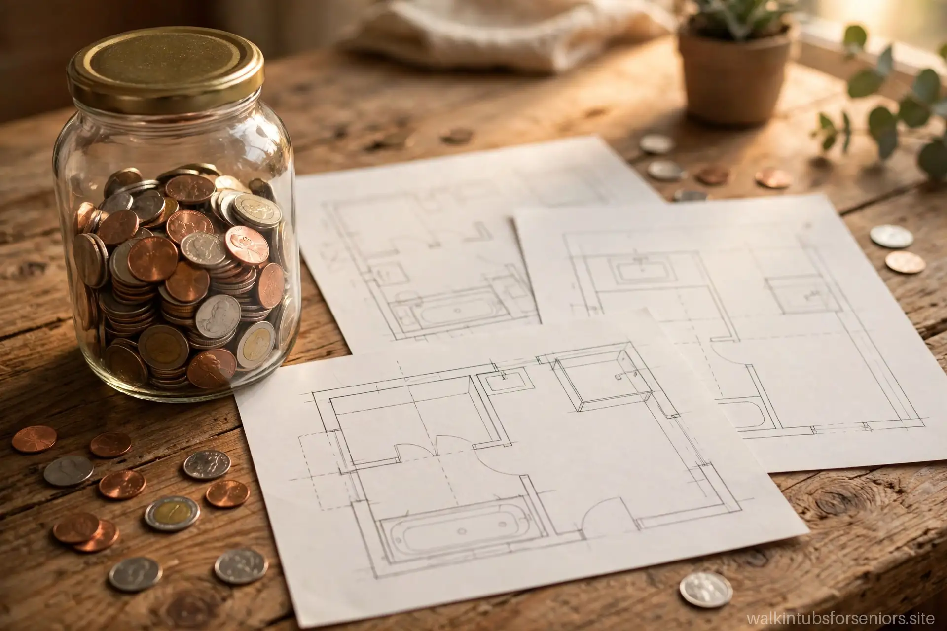 Savings jar with coins beside bathroom renovation plans