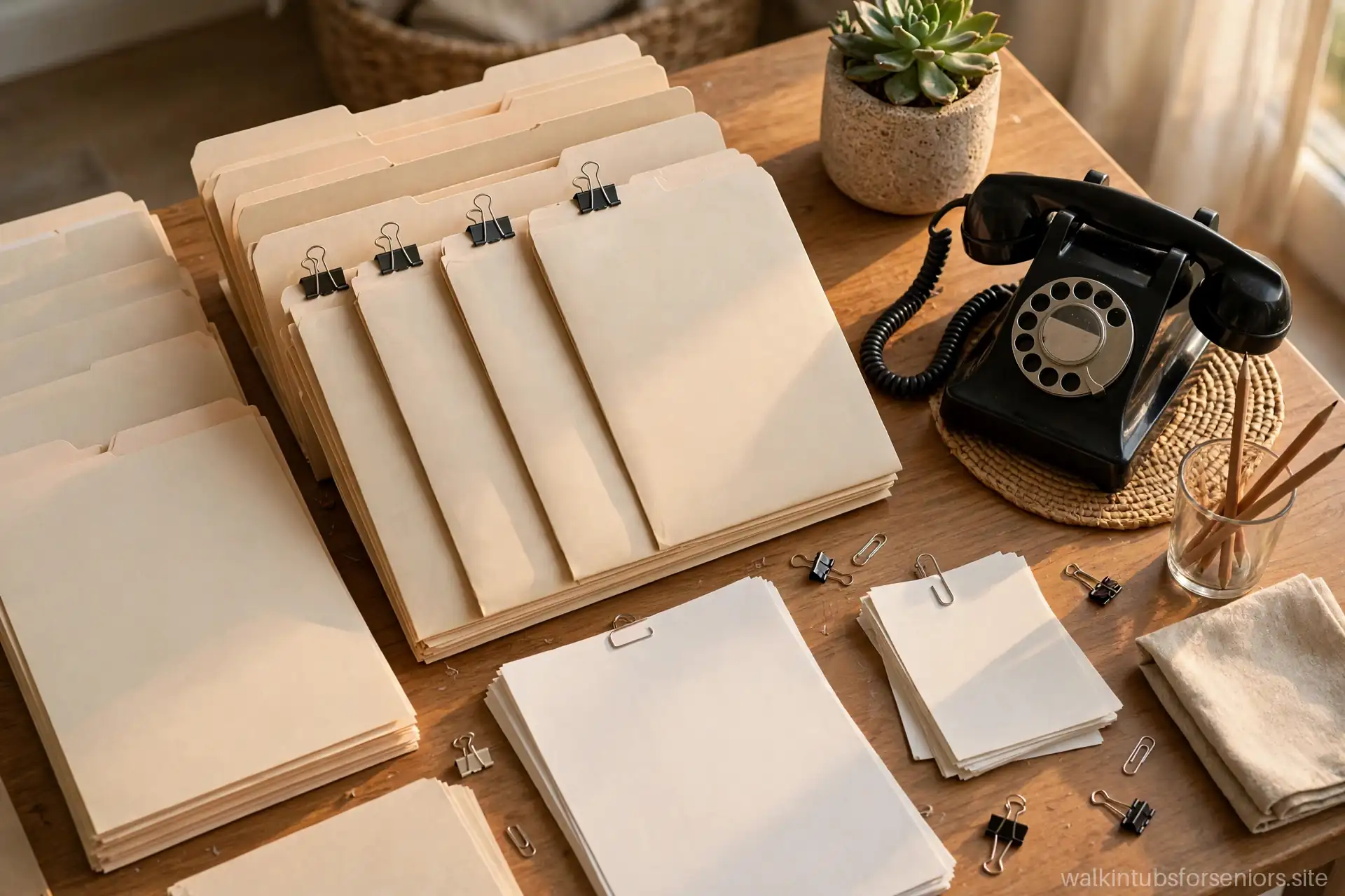 Organized insurance paperwork folders and telephone on a desk
