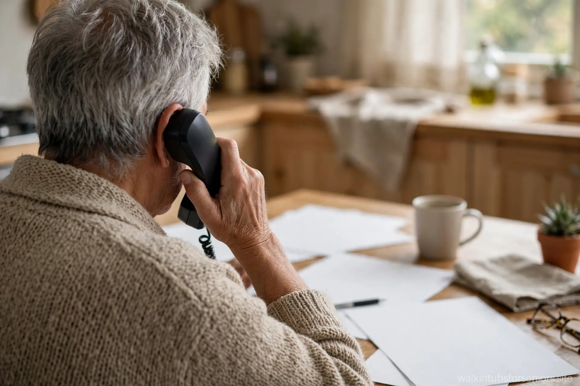 Senior on the phone reviewing paperwork at a kitchen table
