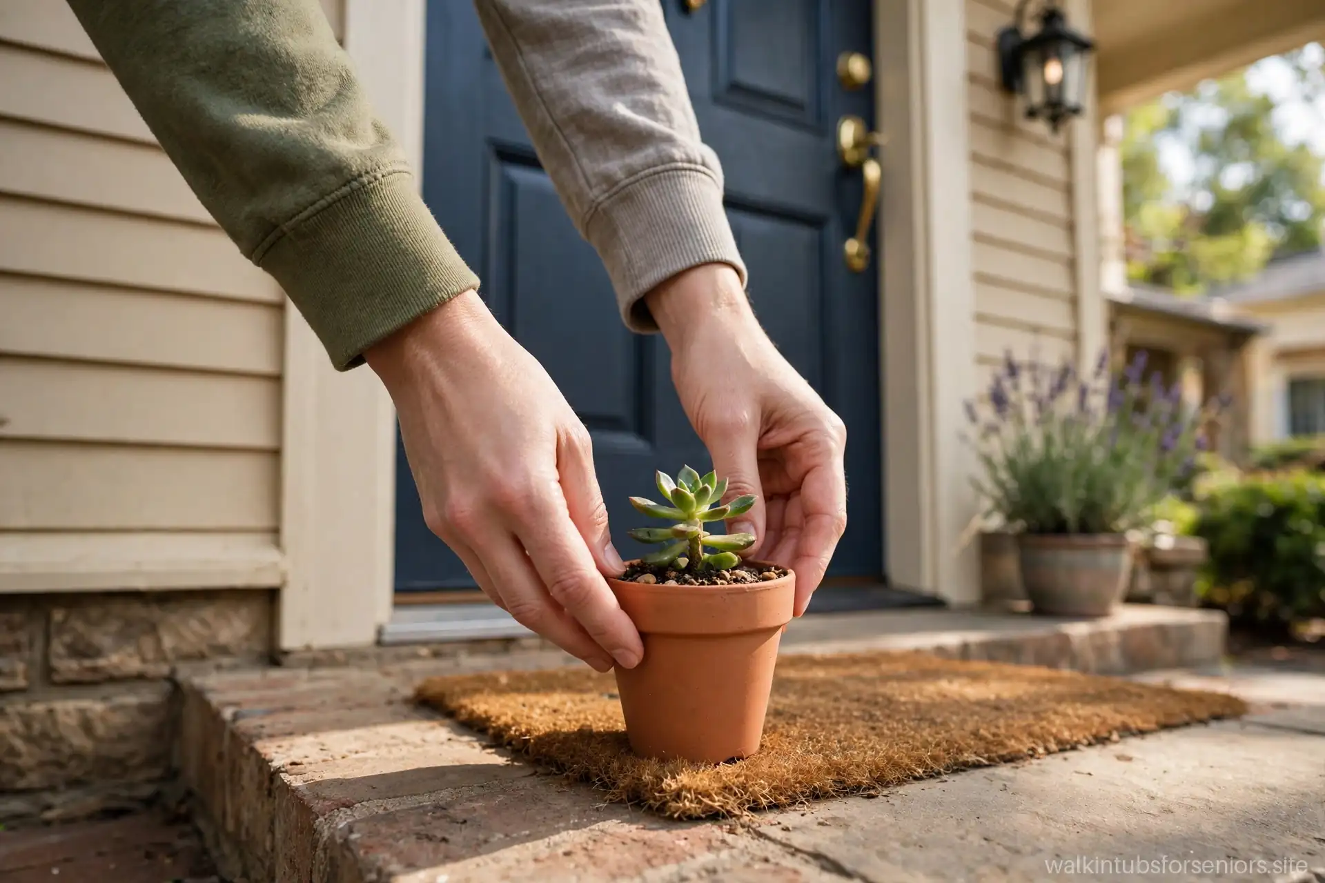 Hands placing a potted plant on a home's doorstep