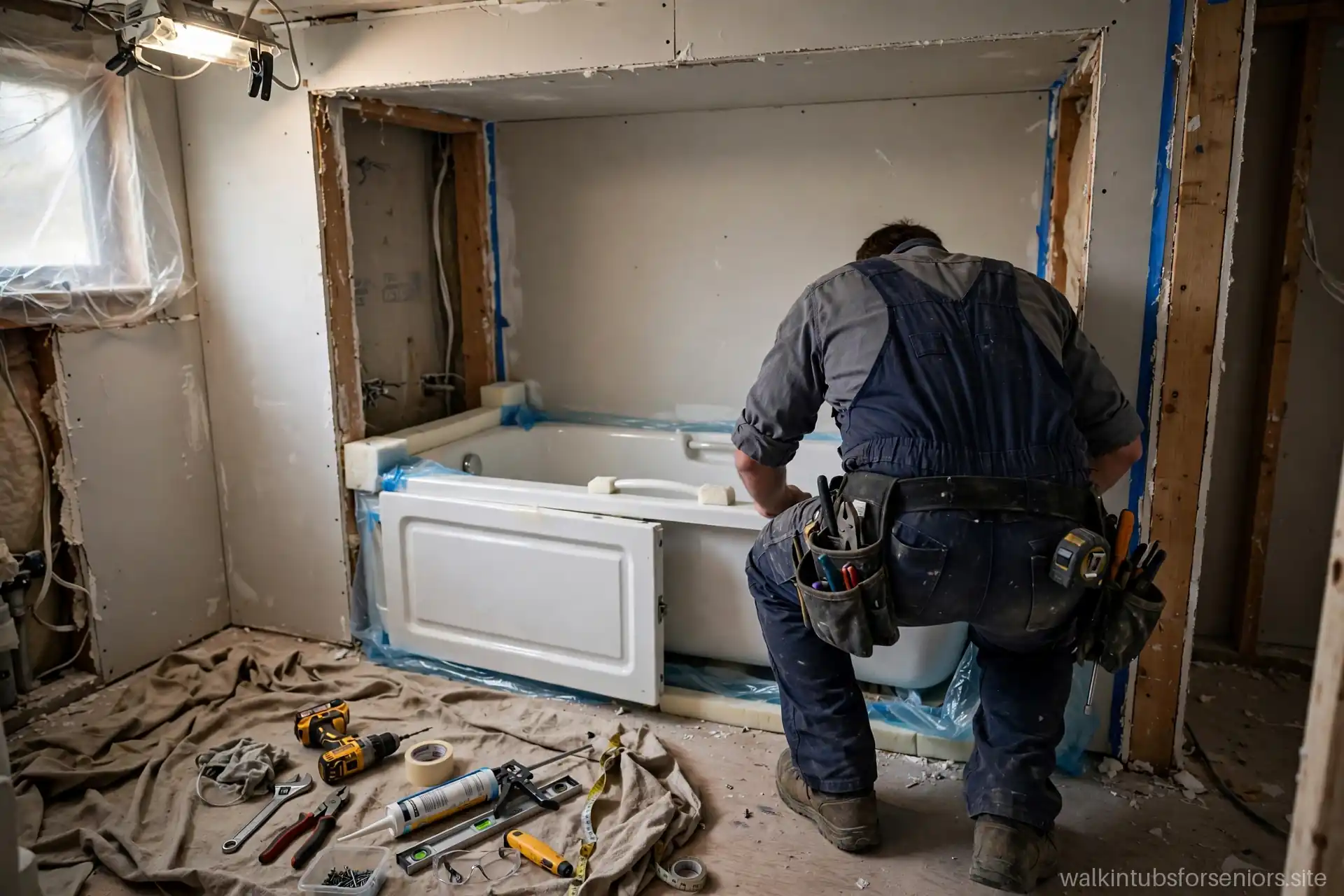 Installer fitting a walk-in tub into a bathroom alcove