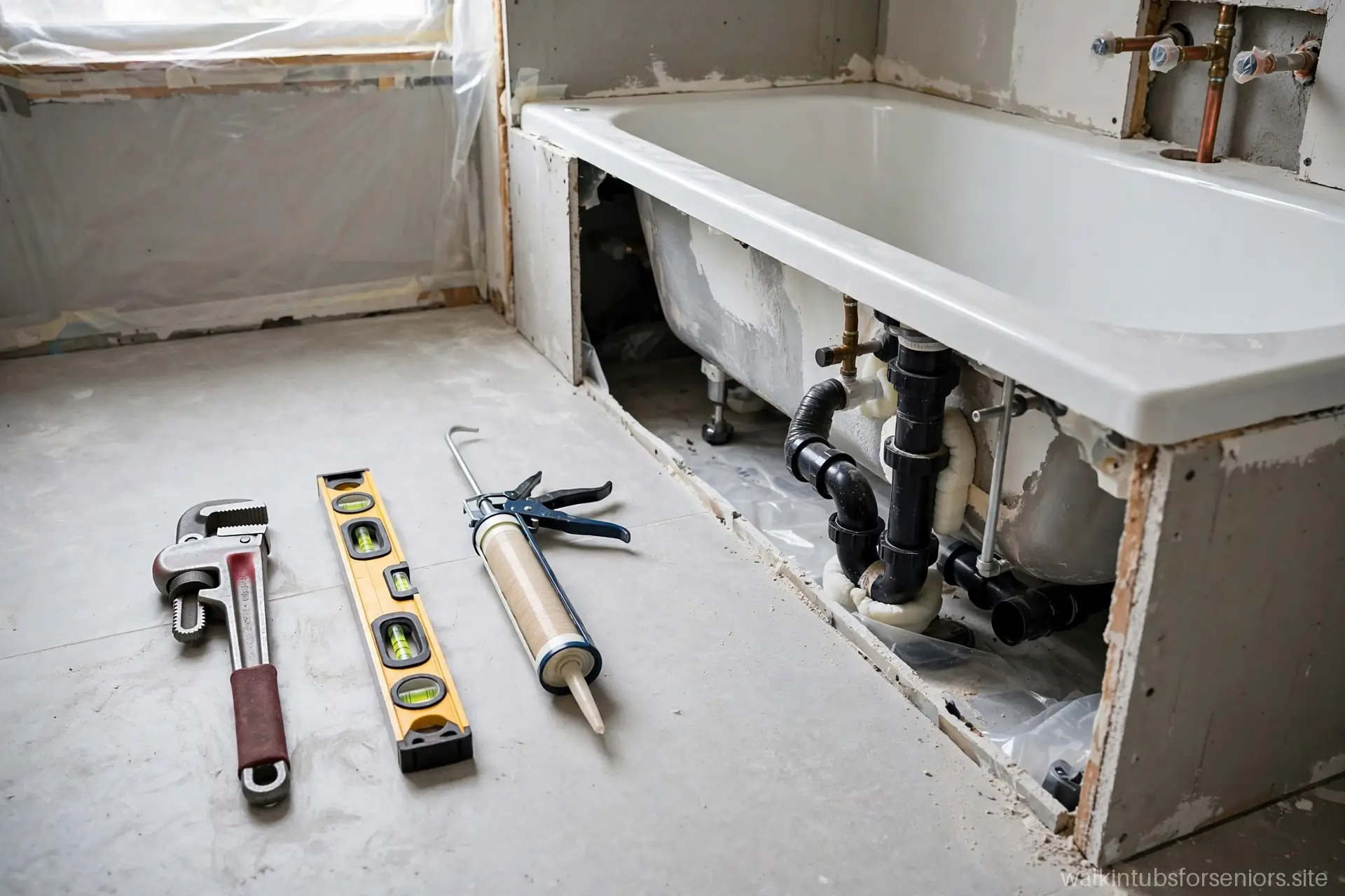 Plumbing tools laid out beside a walk-in tub installation