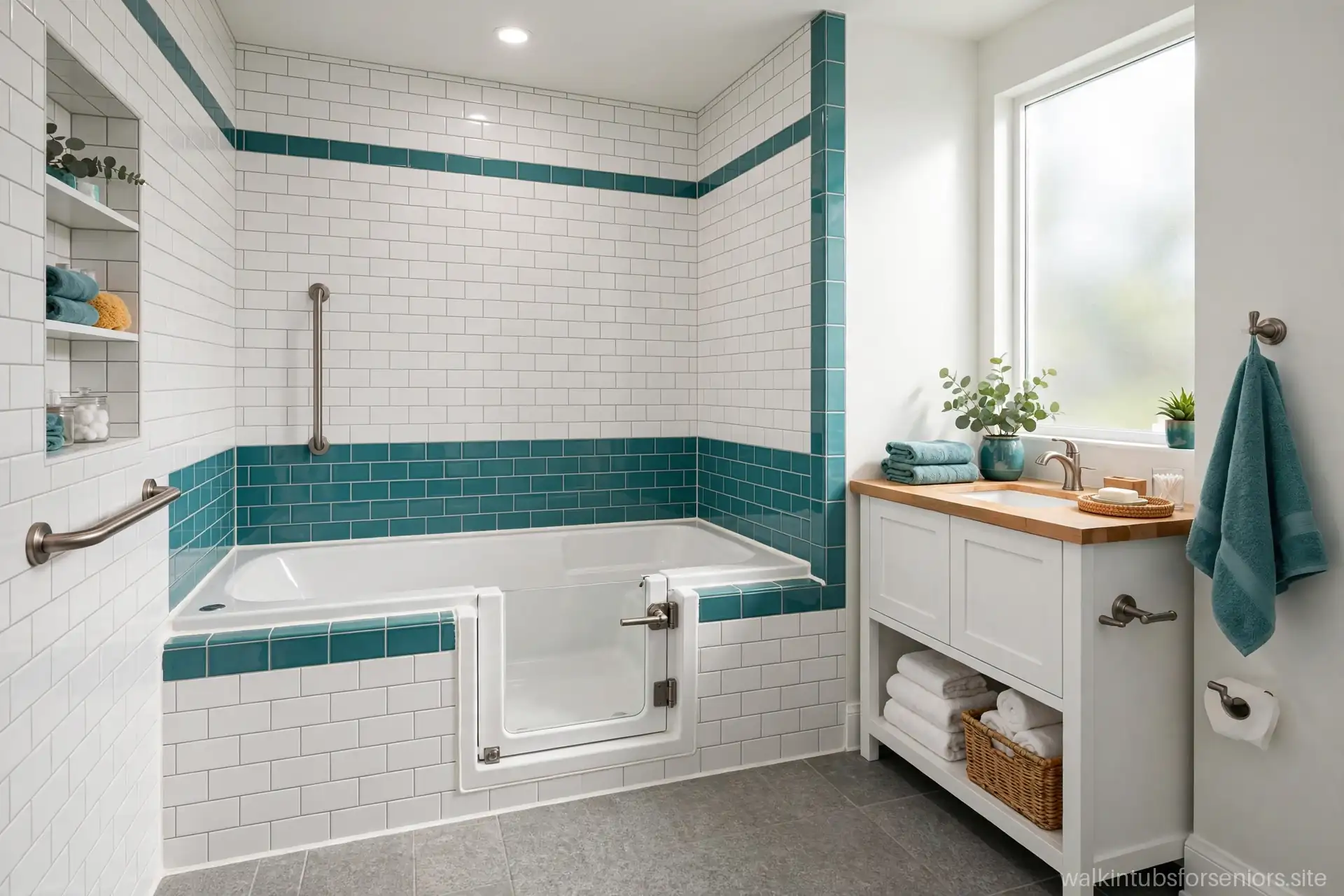 Completed walk-in tub installation with new surround tiles