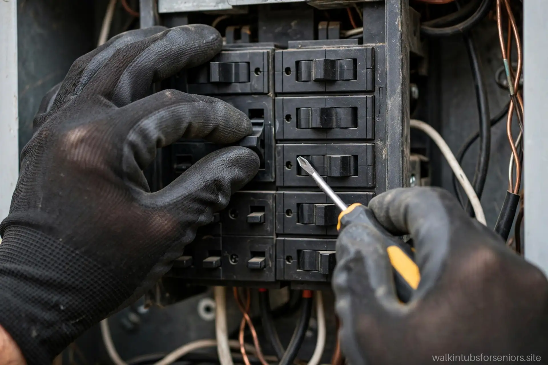 Electrician's gloved hands working on a home breaker panel