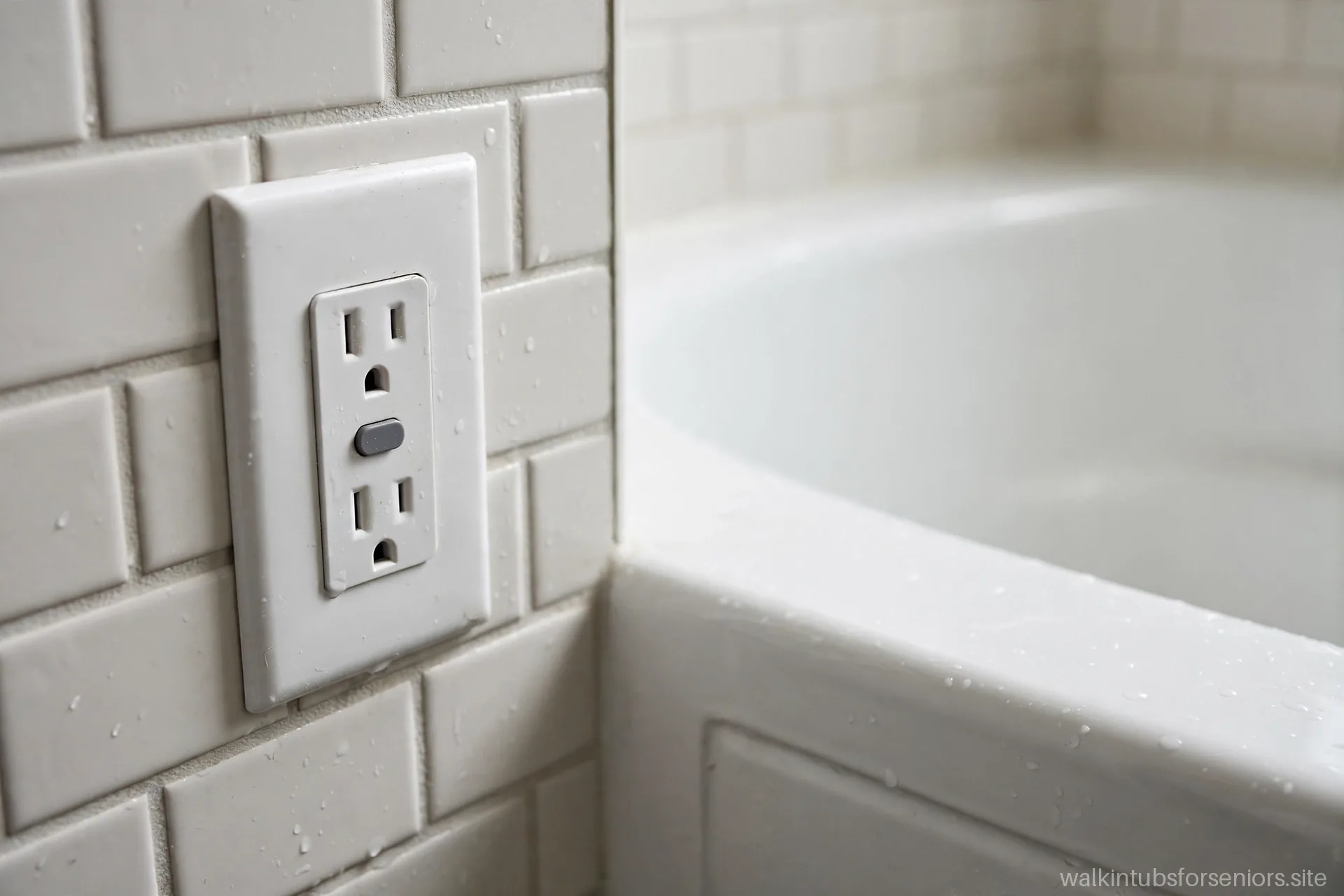 GFCI outlet with test and reset buttons on a bathroom wall