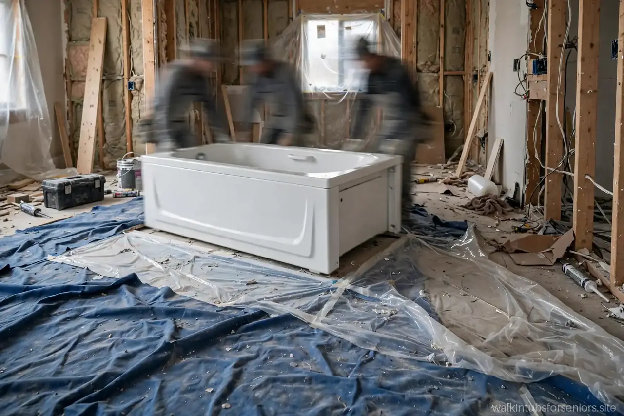 Bathroom mid-renovation with a walk-in tub being positioned