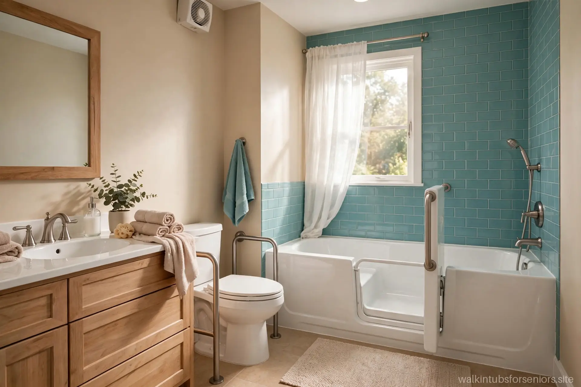 Finished senior-friendly bathroom with walk-in tub in morning light