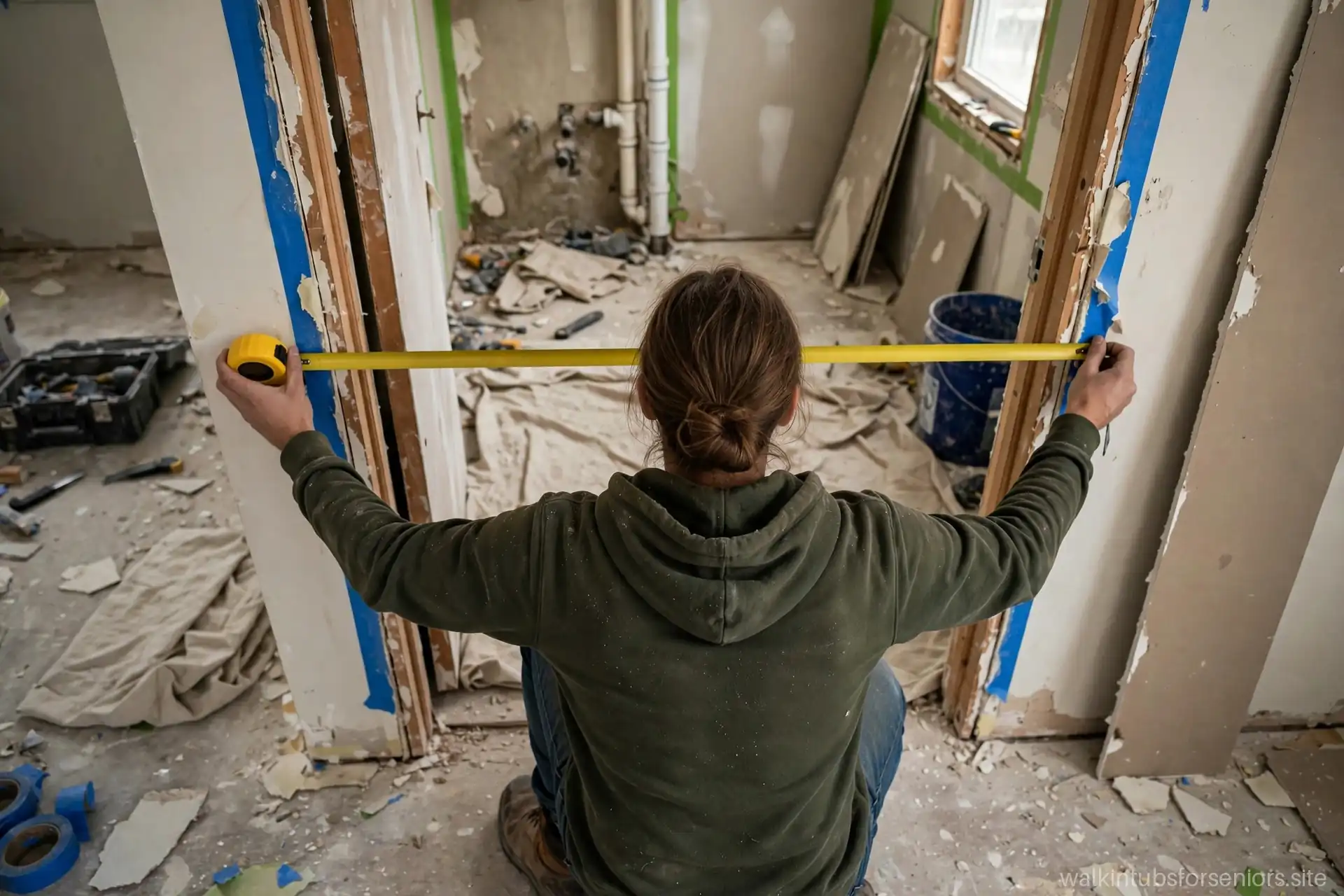 Person measuring a bathroom doorway with a tape measure