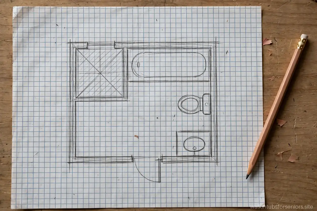 Hand-drawn bathroom floor plan sketch on graph paper