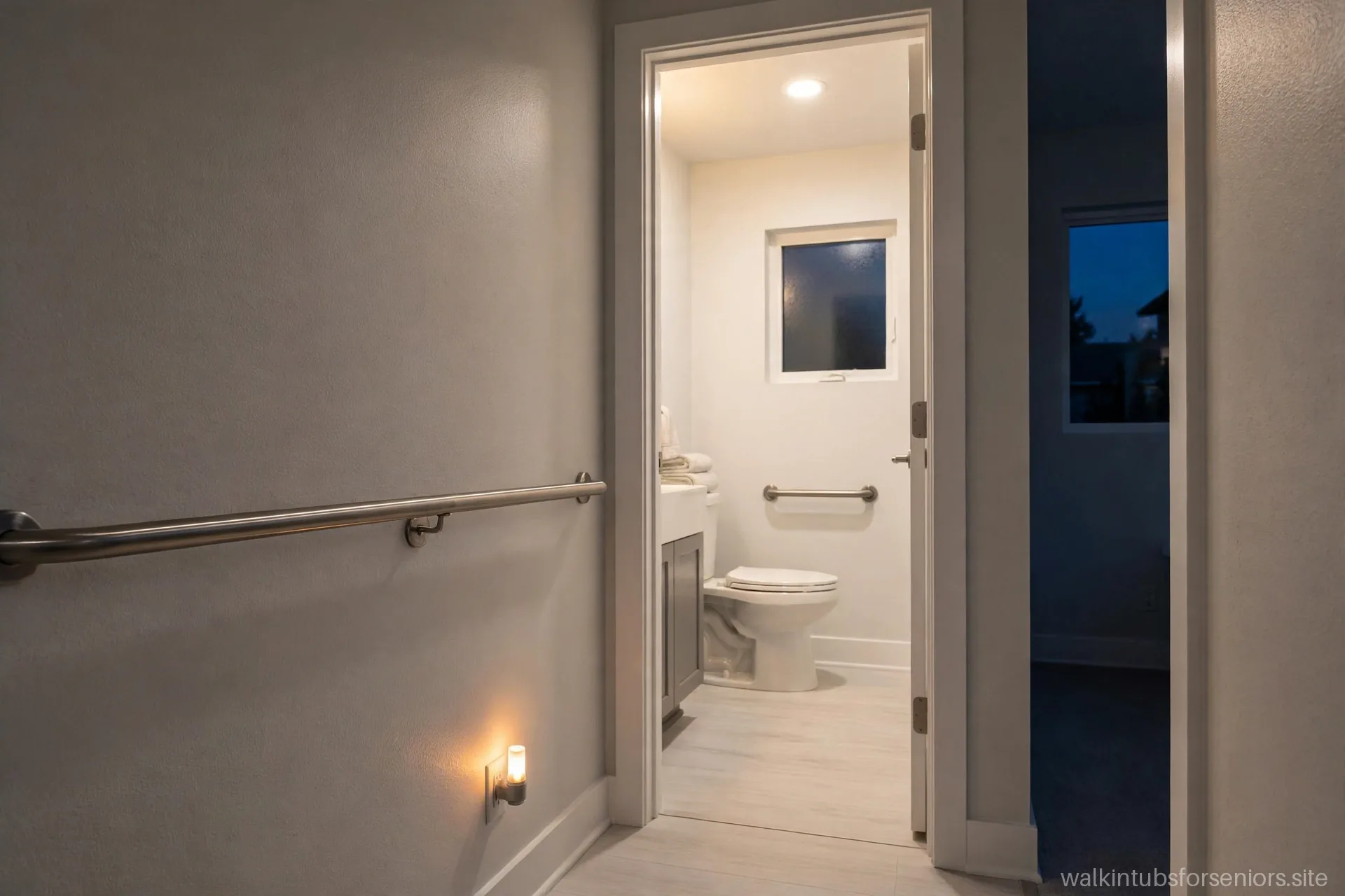 Bathroom hallway with grab bar and glowing motion-sensor nightlight
