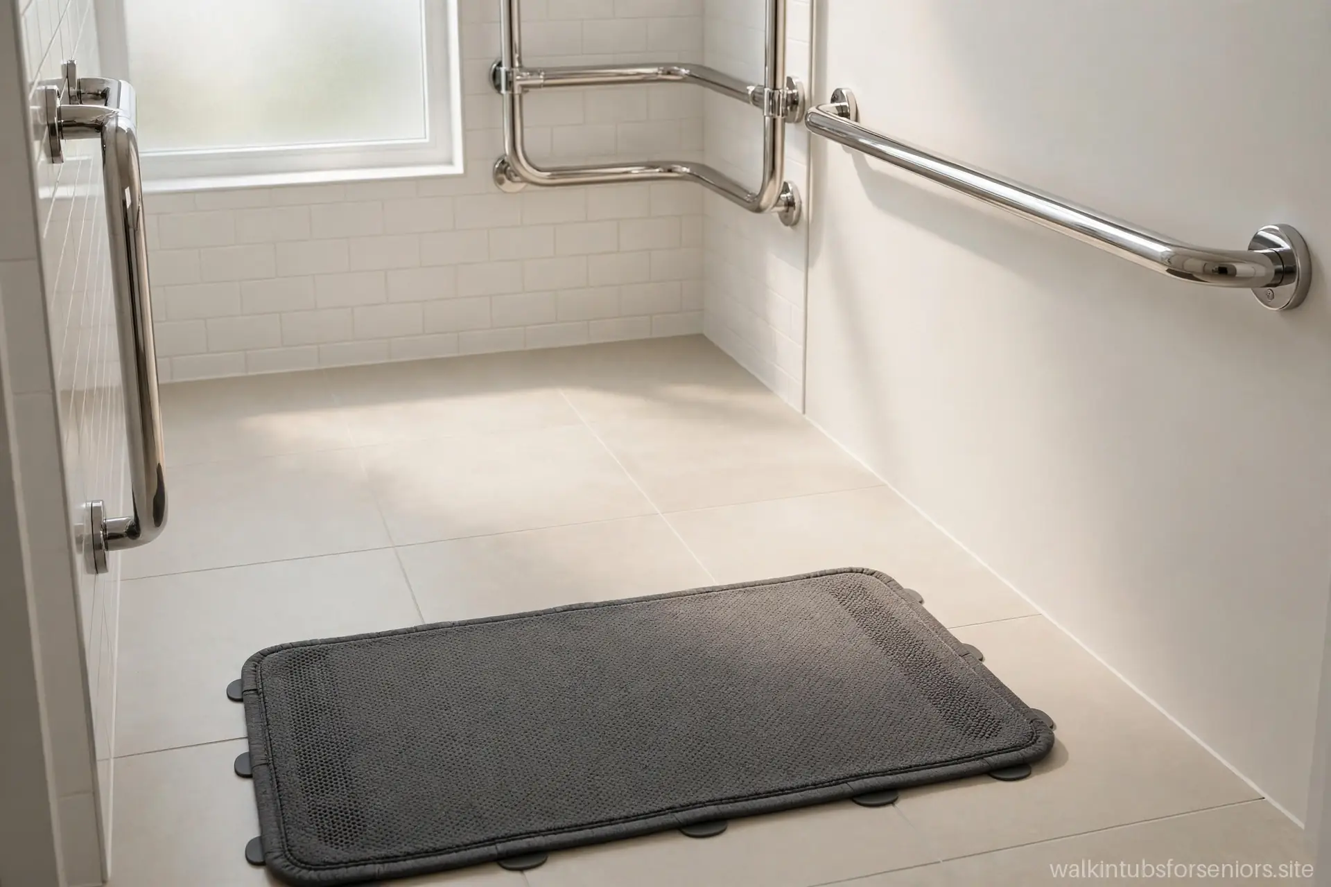Clutter-free bathroom floor with secured bath mat and grab bars