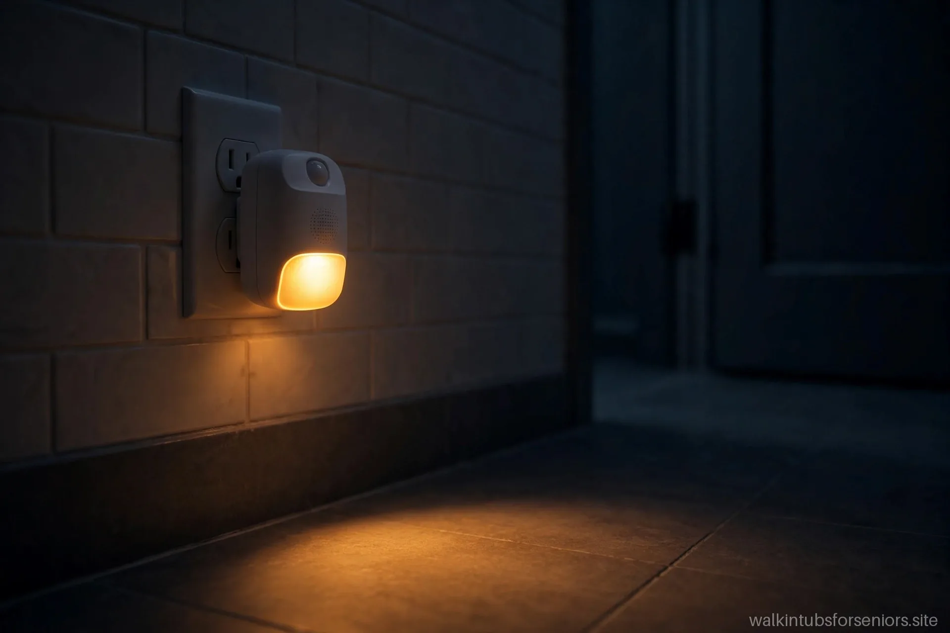 Motion-sensor nightlight glowing in a dark bathroom hallway
