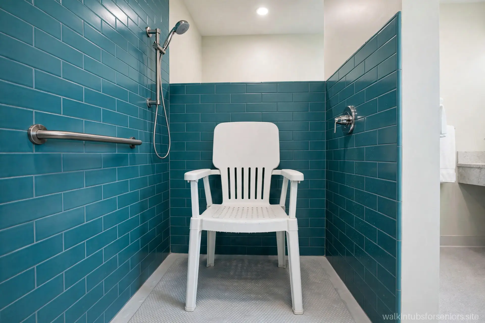 Shower chair with backrest and armrests in a walk-in shower