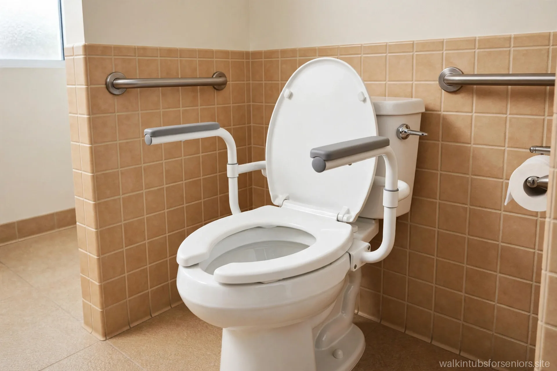 Raised toilet seat with safety armrests on a toilet