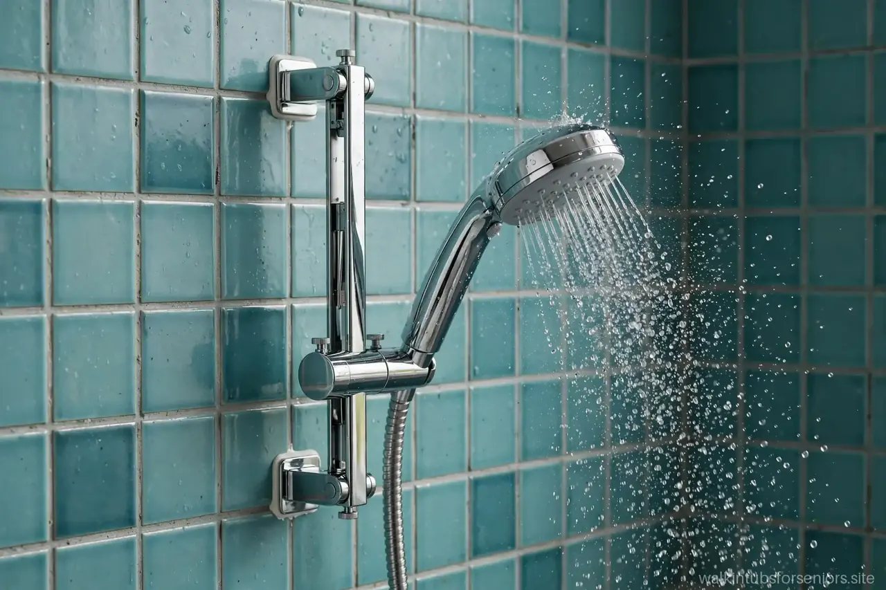 Chrome hand-held showerhead on an adjustable slide bar