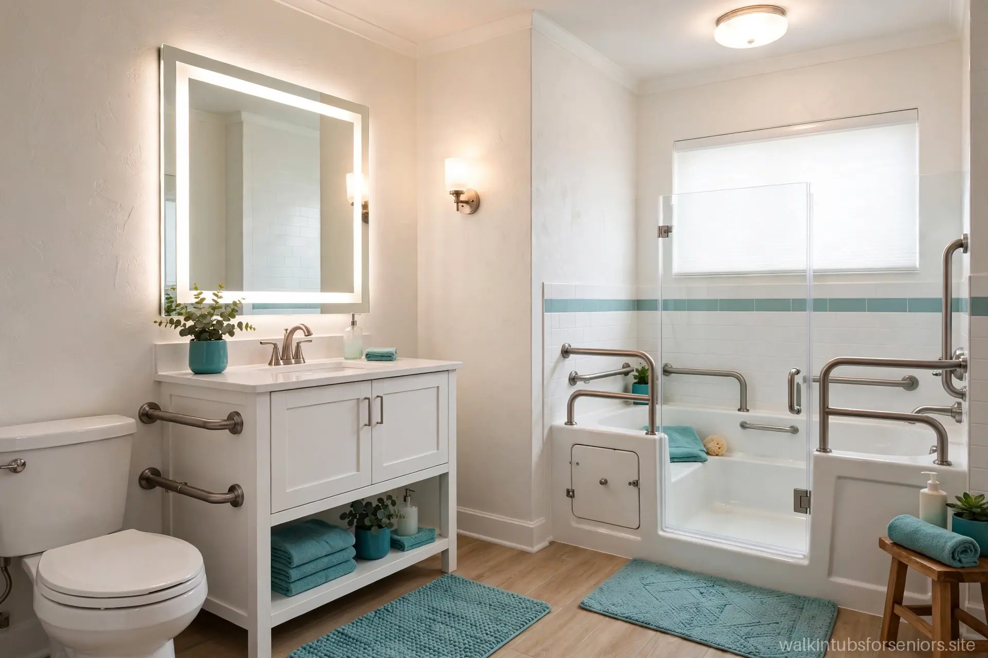 Bright bathroom with layered ceiling, vanity, and sconce lighting