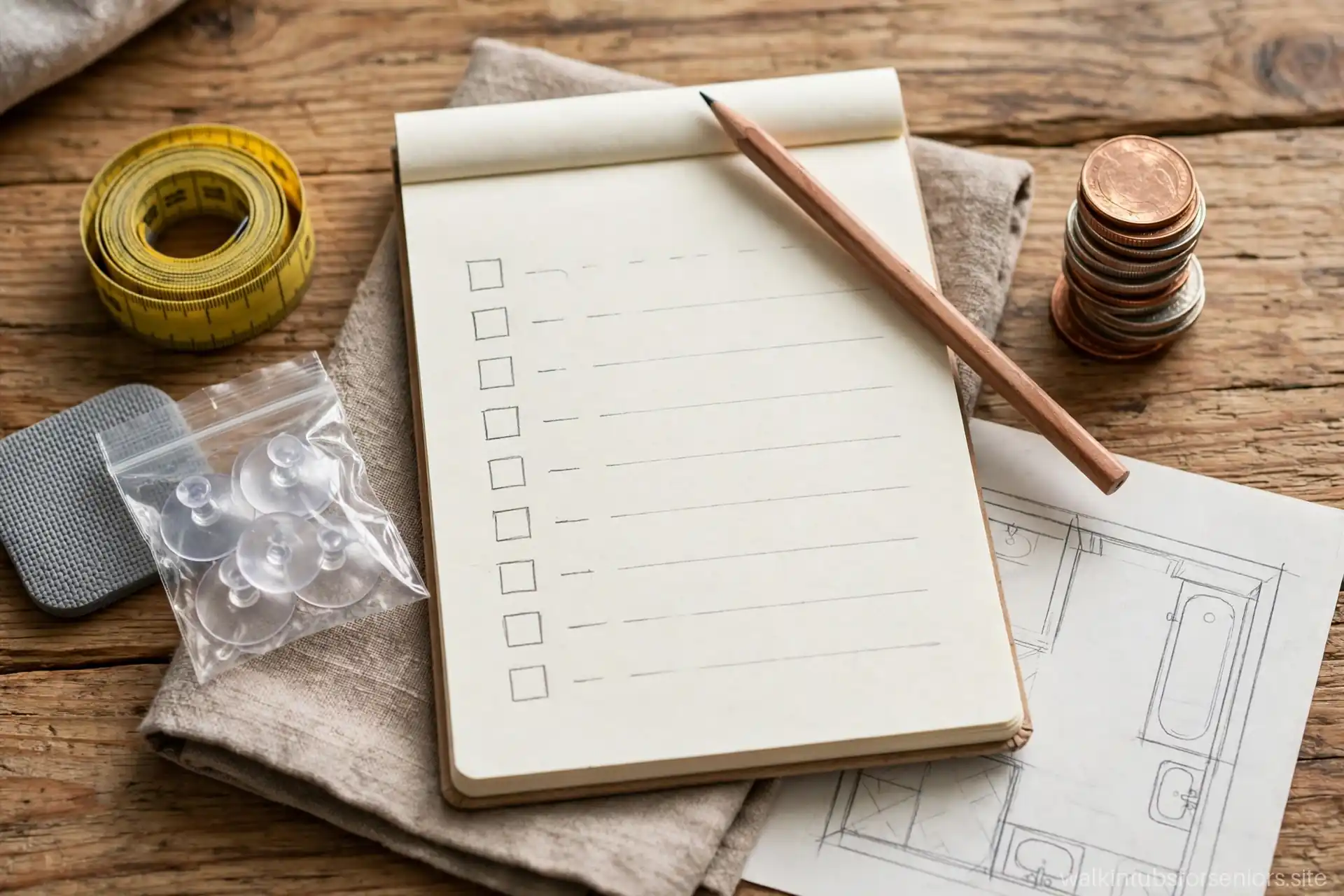 Notepad budget list with pencil and coins on a table