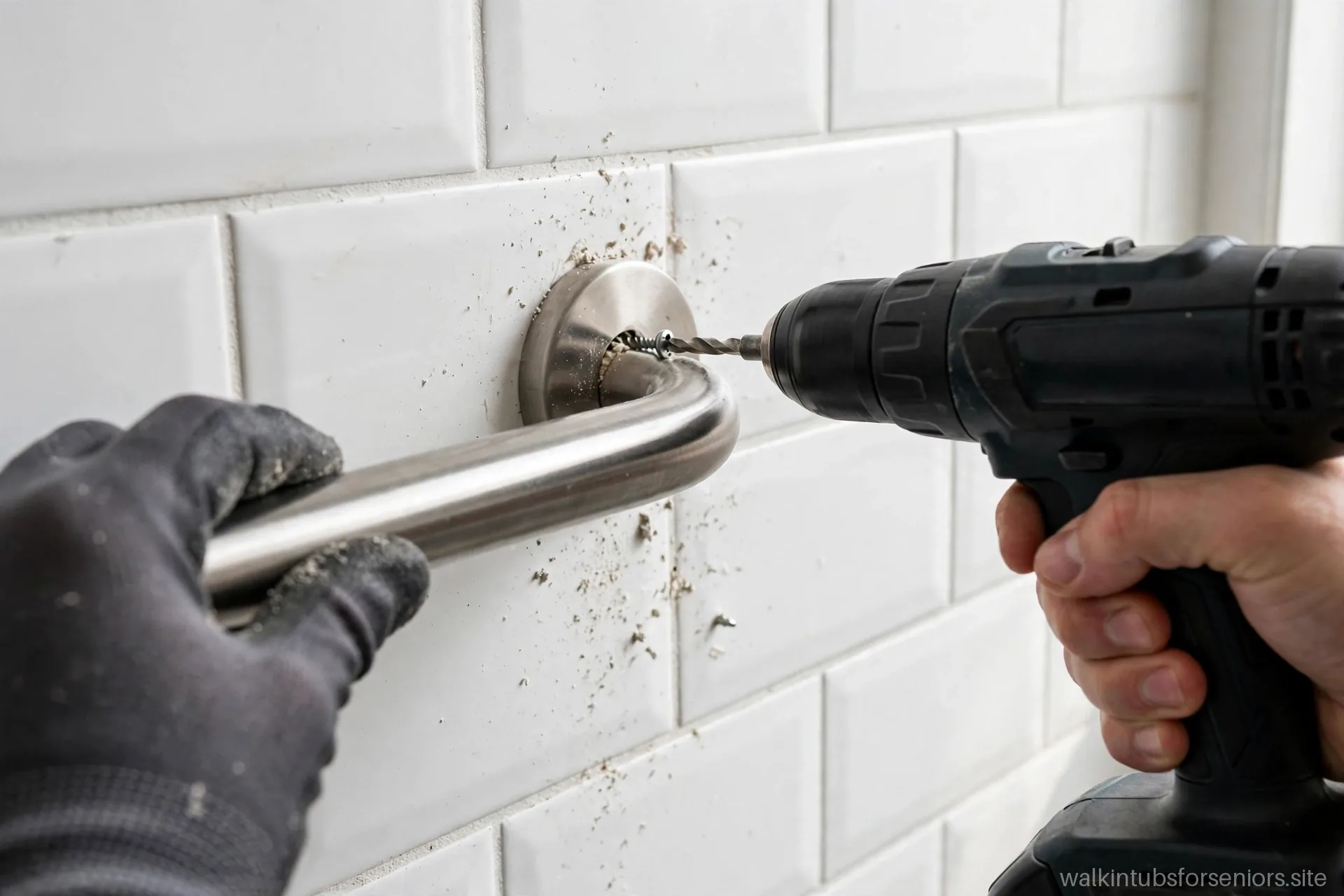 Hands installing a grab bar with a power drill