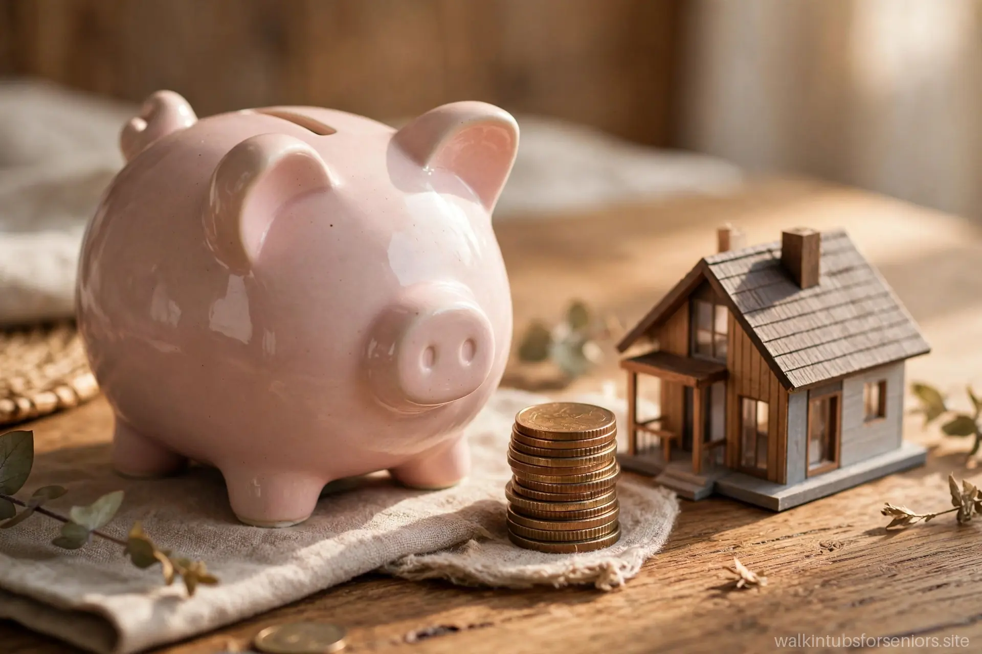 Piggy bank with coins and a miniature house
