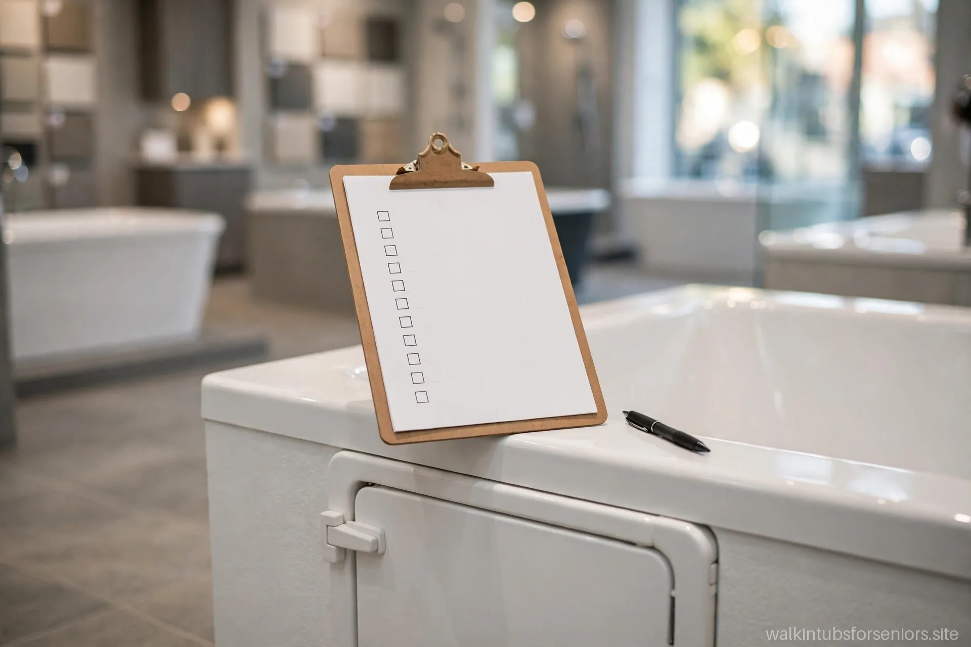 Clipboard with buyer's checklist on a walk-in tub edge