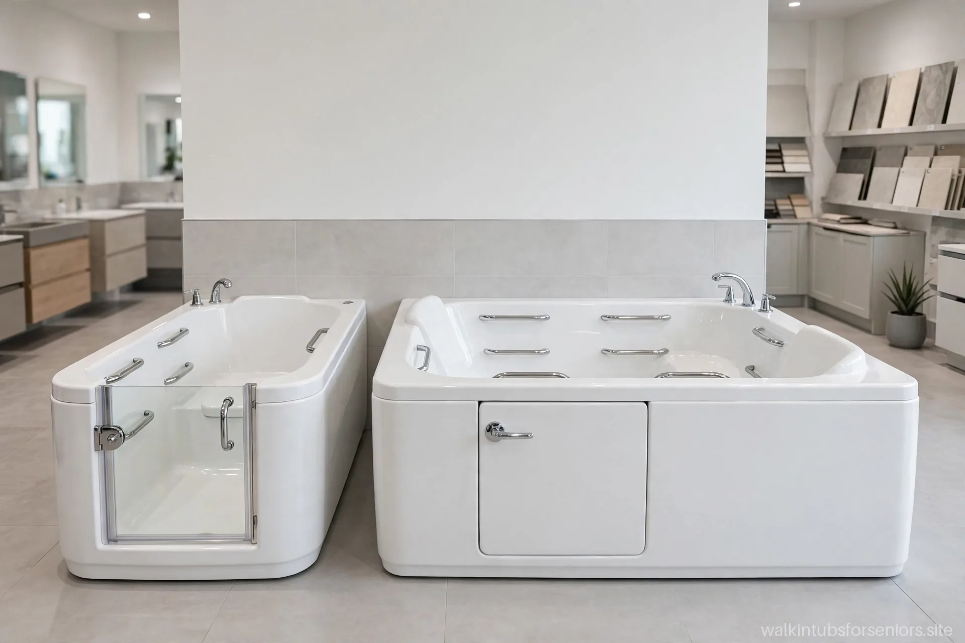 Two walk-in tub models side by side for comparison