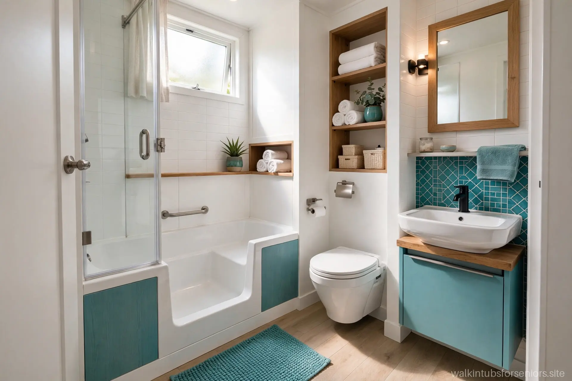 Compact walk-in tub fitted in a small bathroom