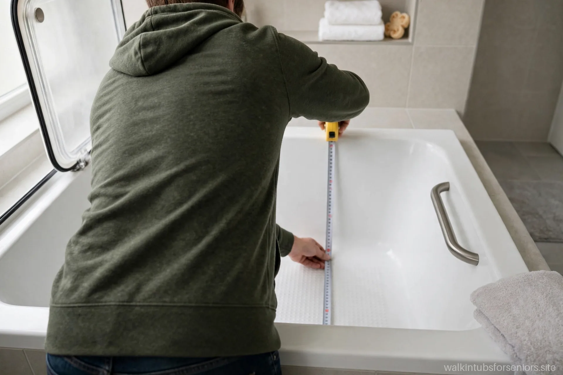 Person measuring the interior depth of a walk-in tub