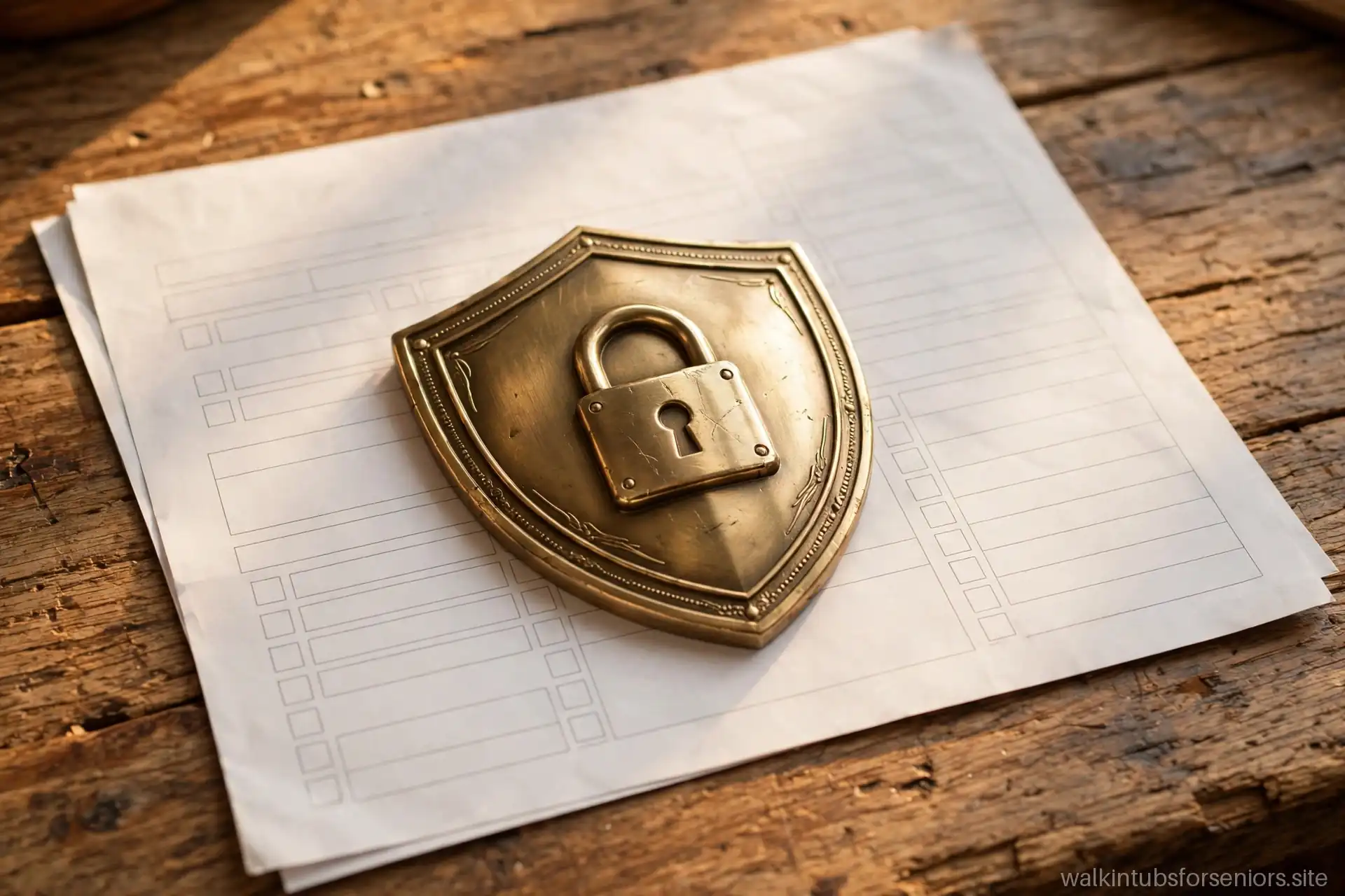 Metallic shield emblem on warranty paperwork